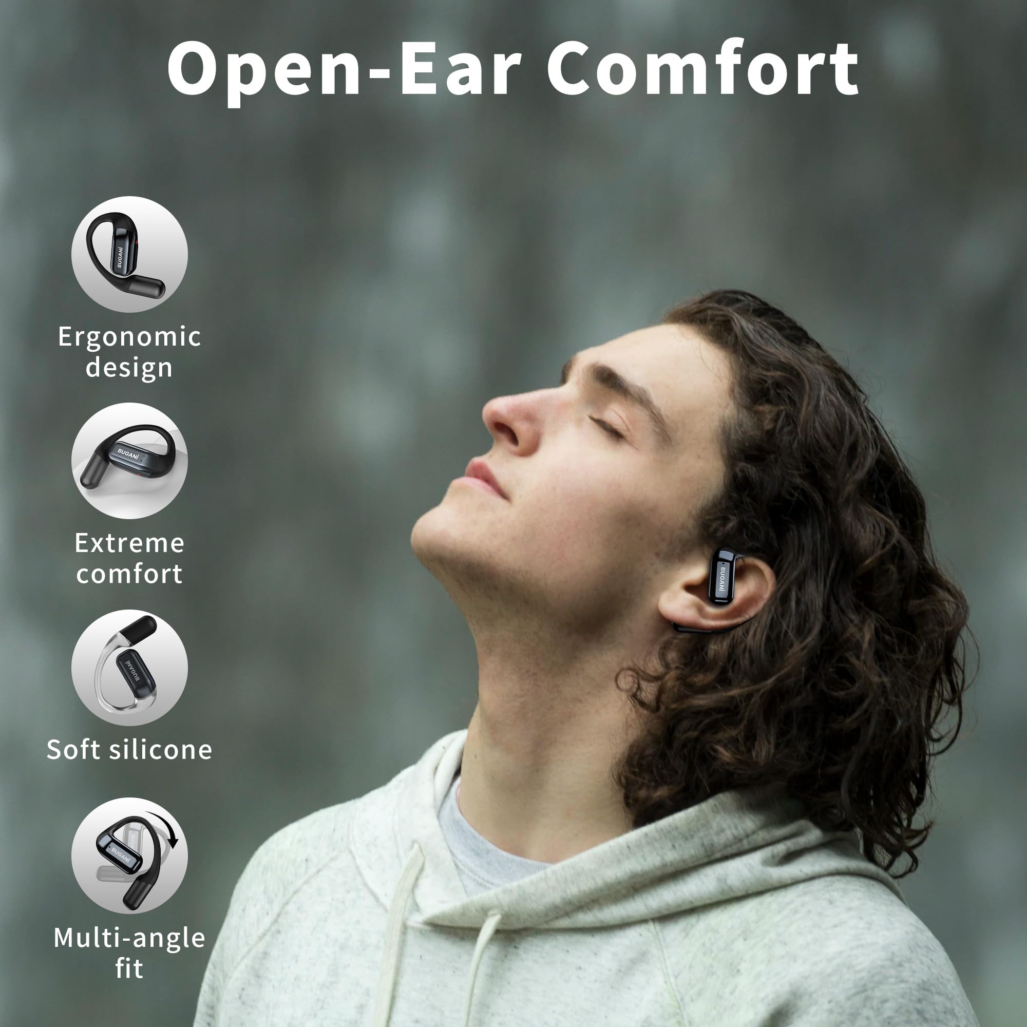 BUGANI Open Ear Headphones Wireless Bluetooth 5.2, 32H Playtime Fast Charging Waterproof Sport Earbuds with ENC Mic for Running, Workout, Cycling — view 2