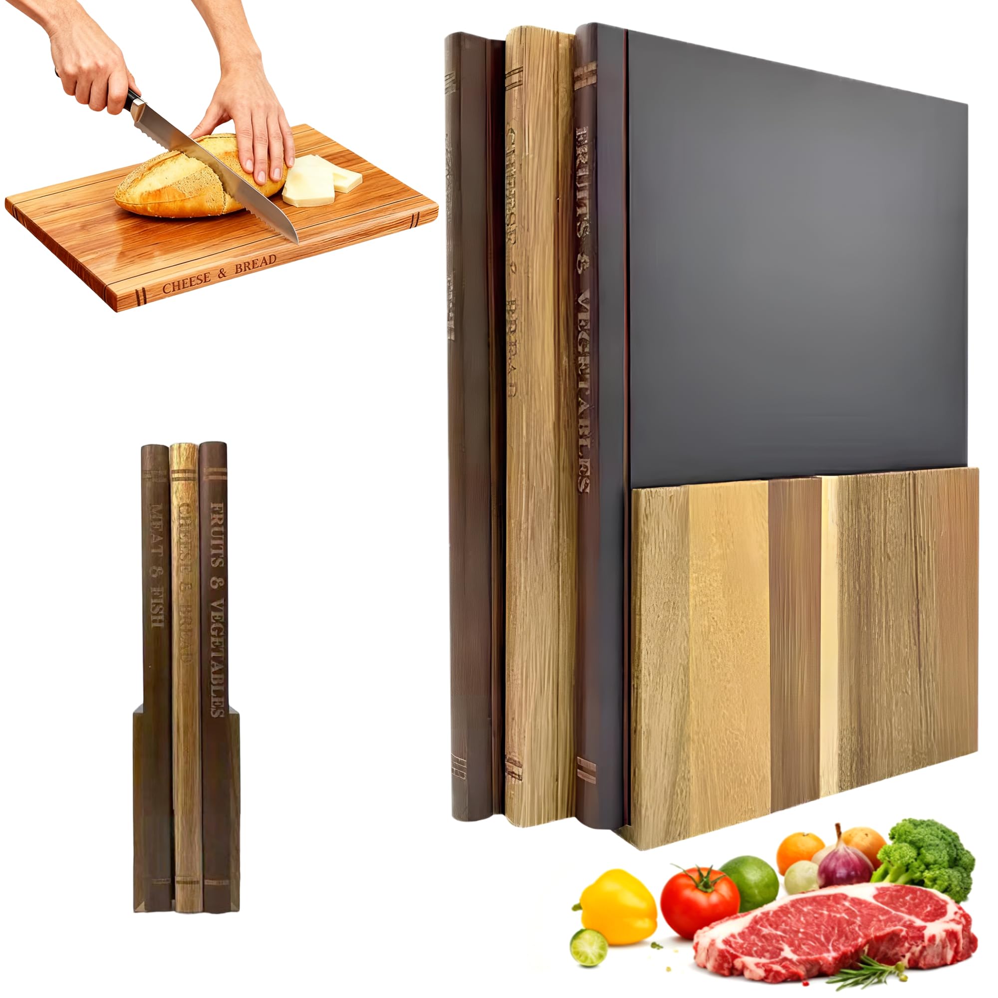 MACTANO Book Cutting Board Set with Stand 3-Piece Acacia Wood for Kitchen