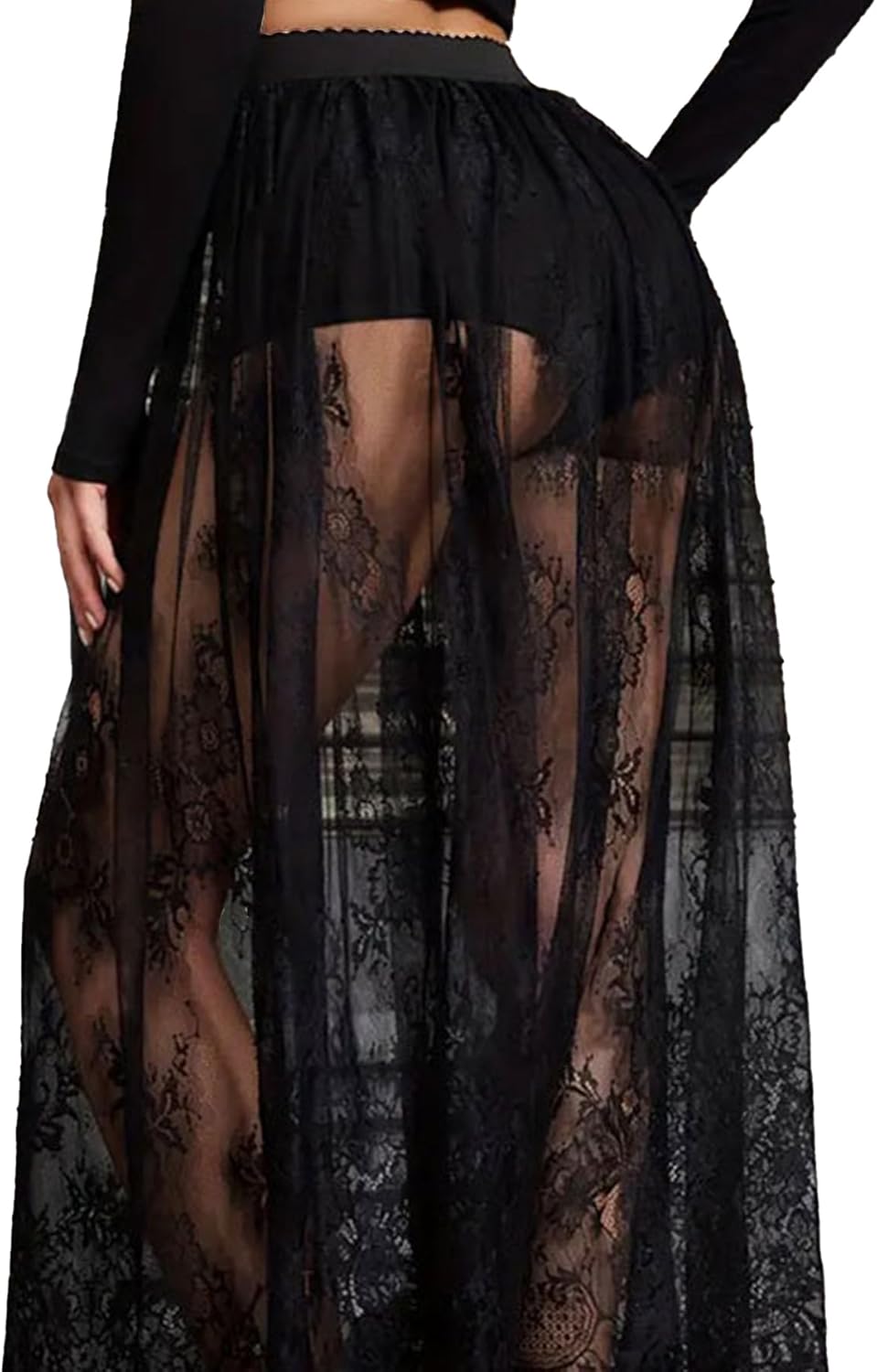 Women's Sheer Lace Maxi Skirt High Waist Sheer Mesh A Line Flowy Long Skirt - Image 7