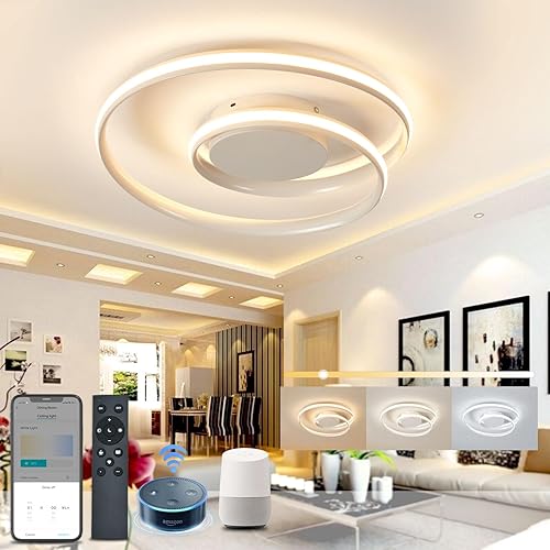 IEANL Lámpara de techo inteligente LED con Alexa Google Assistant y control remoto, lámpara regulable de acrílico en espiral redonda para