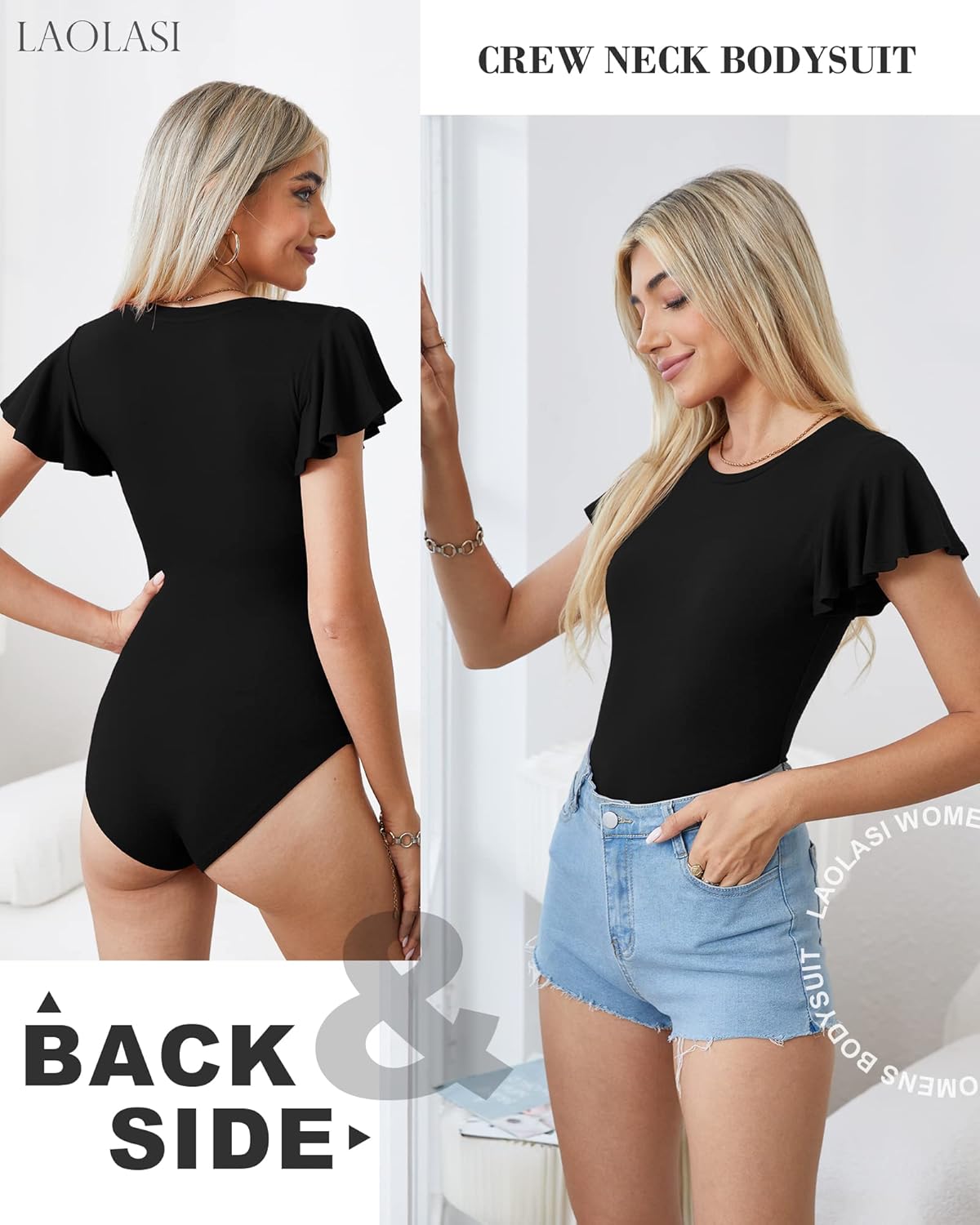 LAOLASI Women's Crew Neck Bodysuit Ruffle Short Sleeve Slim Fit Casual Basic Stretchy Body suit Daily Jumpsuit T Shirts - Image 2