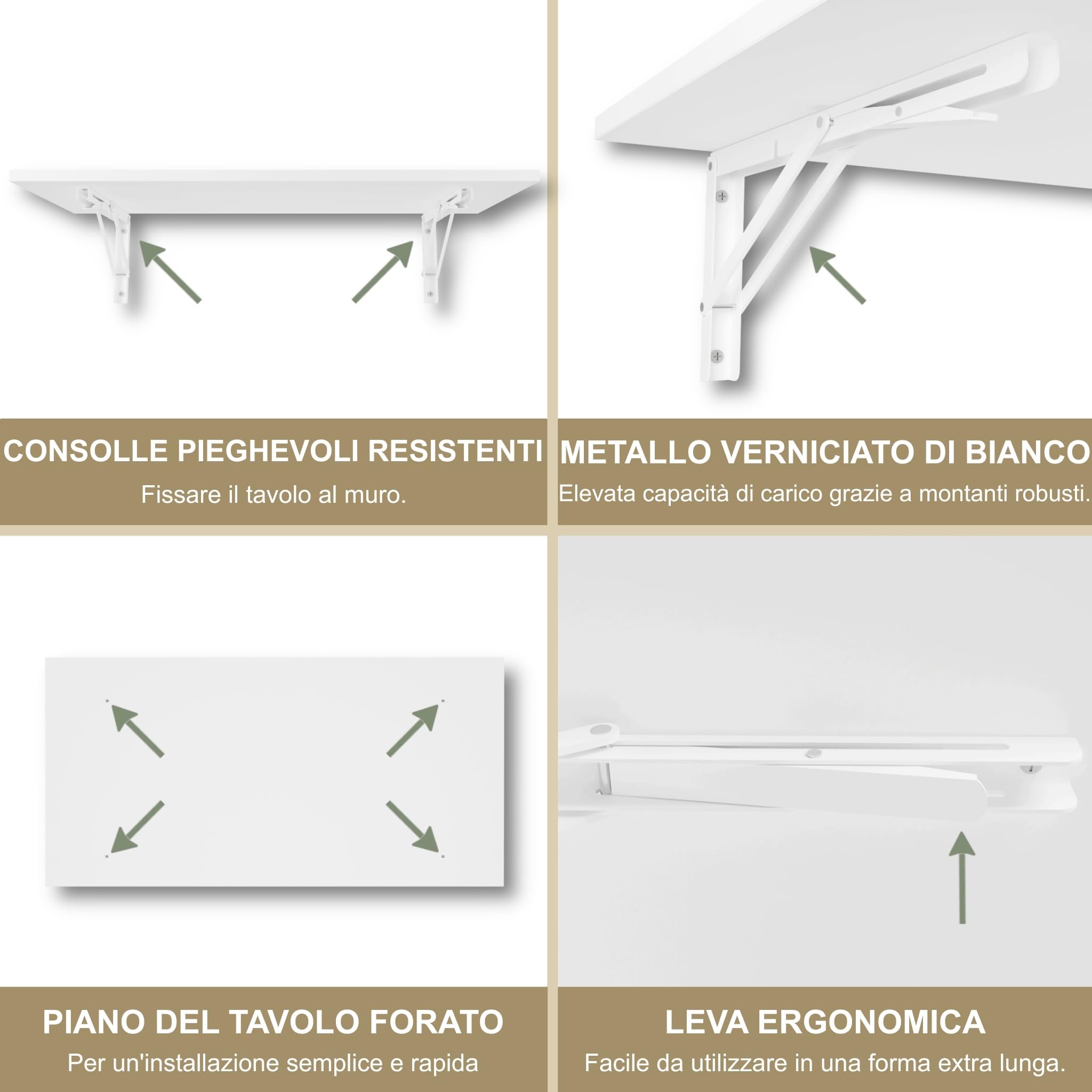 KDR Tavolo pieghevole da parete 80 x 40 cm – tavolo ribaltabile salvaspazio, scrivania pieghevole, tavolo da cucina e pranzo, tavolo da muro per piccoli spazi, montaggio a parete (Bianco)