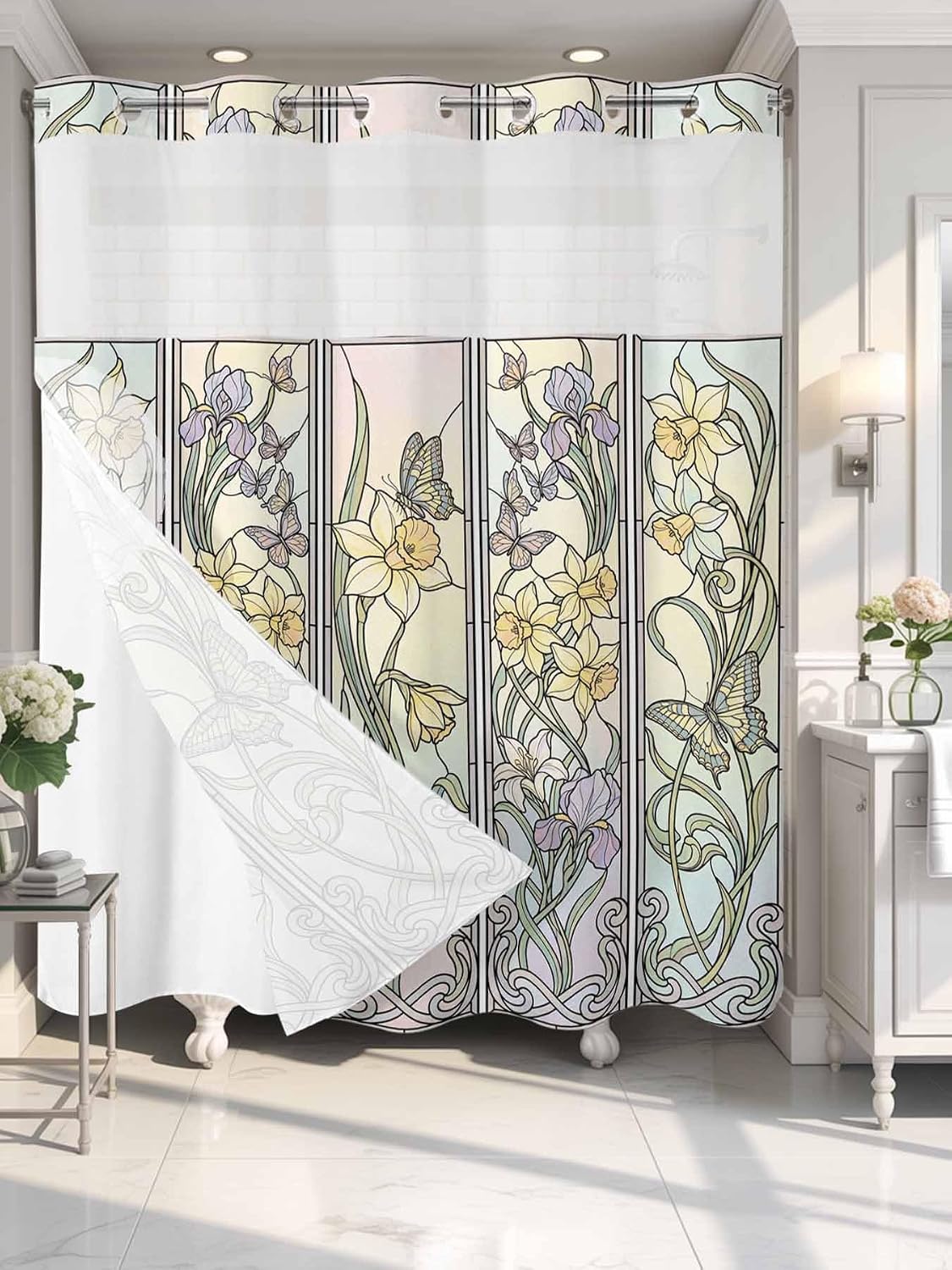 No Hook Shower Curtains with Detachable Snap-in Liner Set, Butterflies Flowers Waterproof Hotel Bathroom Shower Curtain, Vintage Geometric Colorful Glass Floral Mesh Top Window Bath Curtains 66''x72''