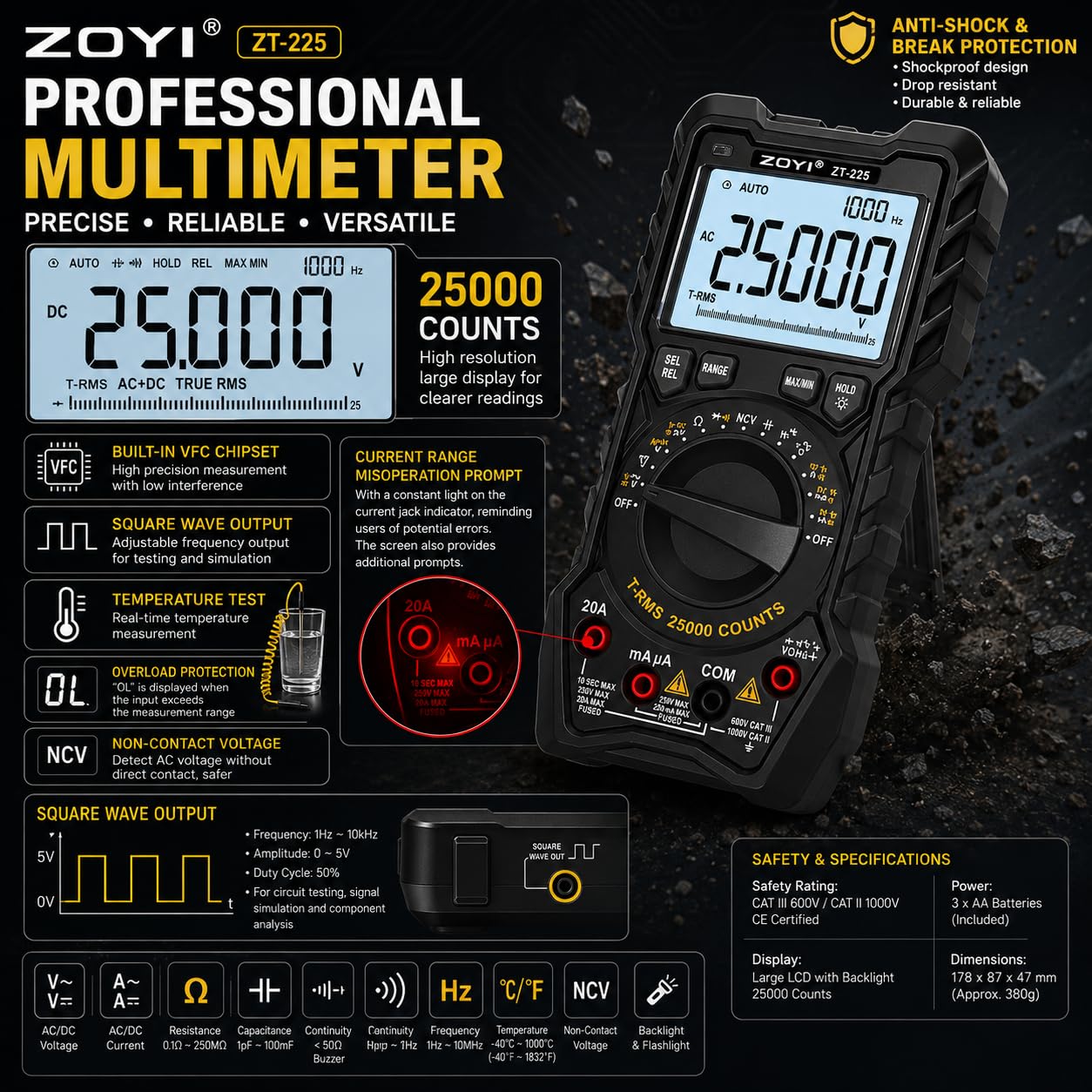 ZOYI ZT‑225 - Multímetro digital profesional, función de voltaje de fusión CA+CC, 25,000 unidades, 20 A, rango automático/manual, probador de voltaje verdadero RMS, NCV, temperatura, onda cuadrada