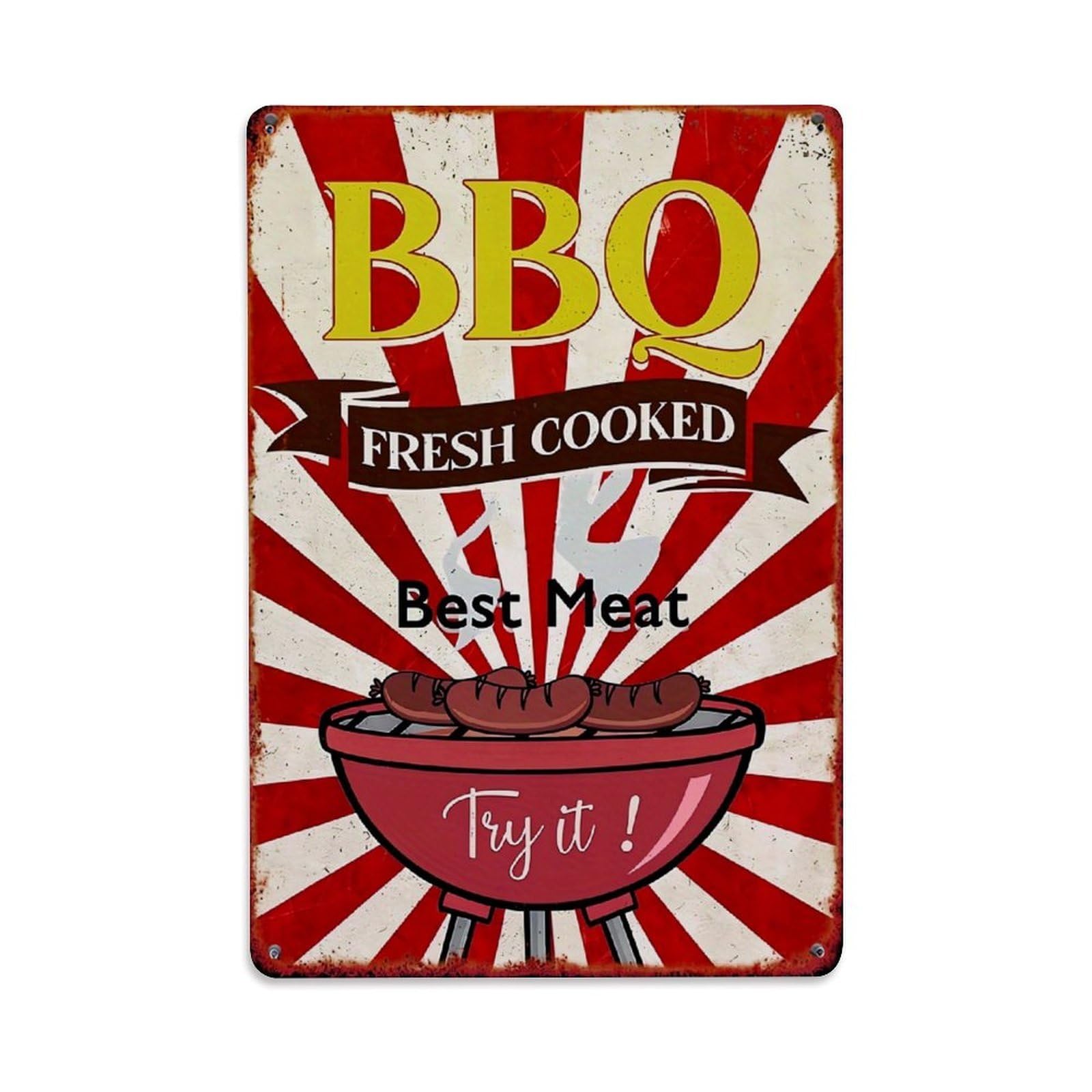 Jdfenggu Vintage Bbq Fresh Cooked Best Meat Retro Metal Tin Sign, Metal Poster For Bar, Home, Man Cave, Kitchen, Laundry Room Art Decor 8X12 Inch