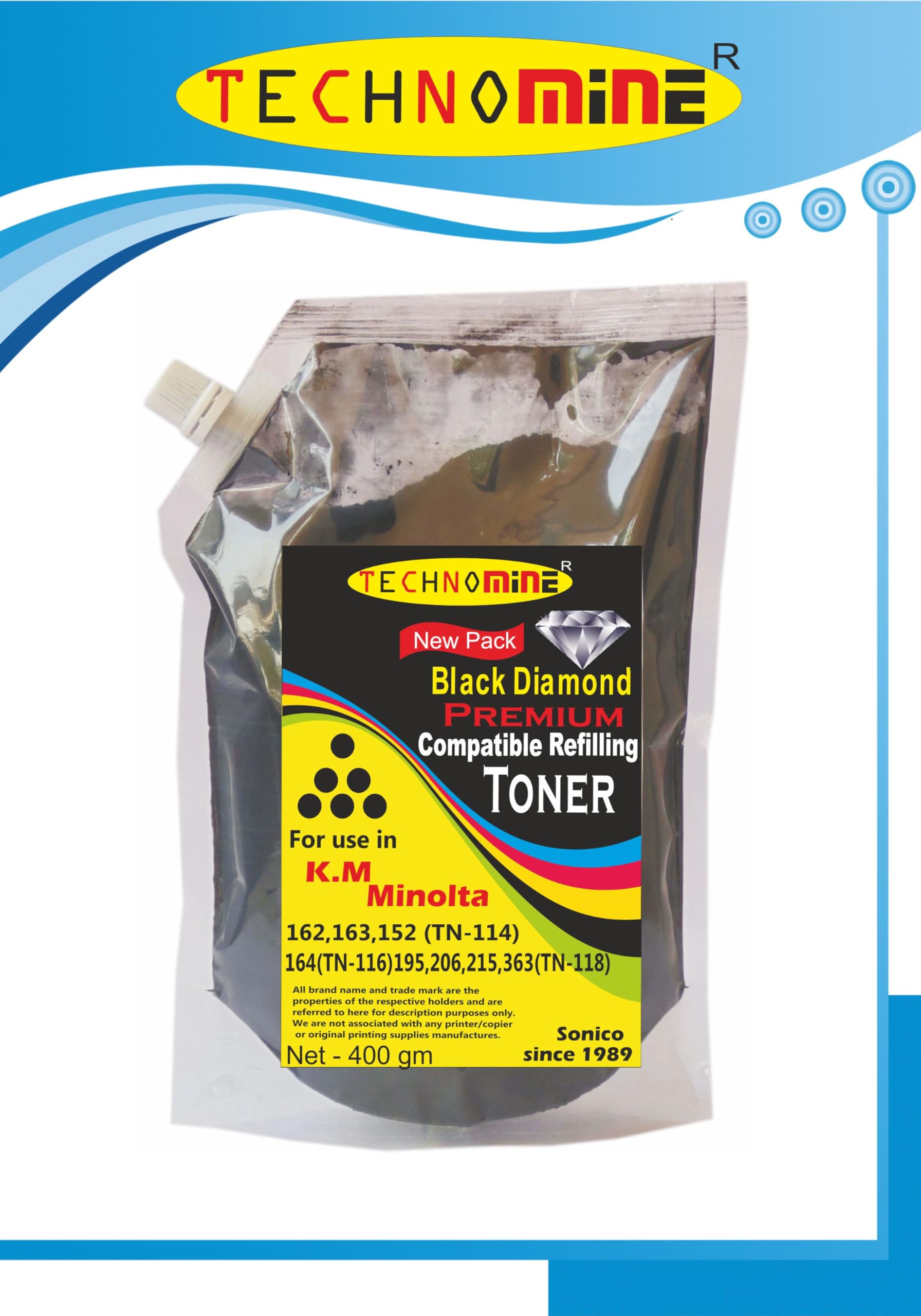 Technomine Toner Powder for Use in Konica Minolta Bizhub -162,163,152,164,195,215,226,363 TN 114/TN 115/TN 116/TN 118 Refilling Toner Black Pack of 2 (400 Gm X 2), Black 1