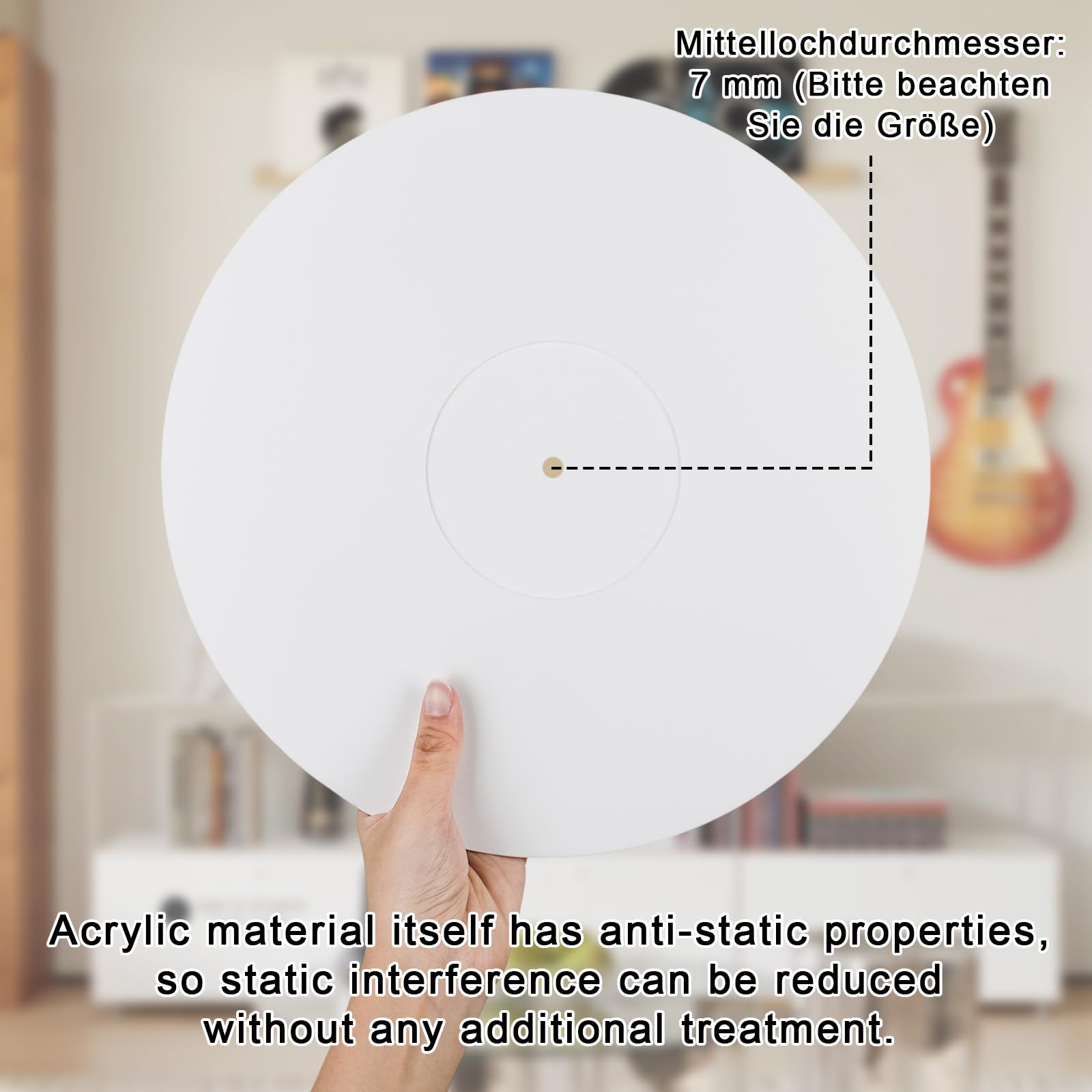 Weiße Acryl-Schallplattenmatte, Vinyl Matte, Slipmat Plattenspieler, 12-Zoll-3-mm-Antistatik-Vinyl-Schallplattenpad, Mittellochdurchmesser: 7 mm (Bitte Beachten Sie die Größe)
