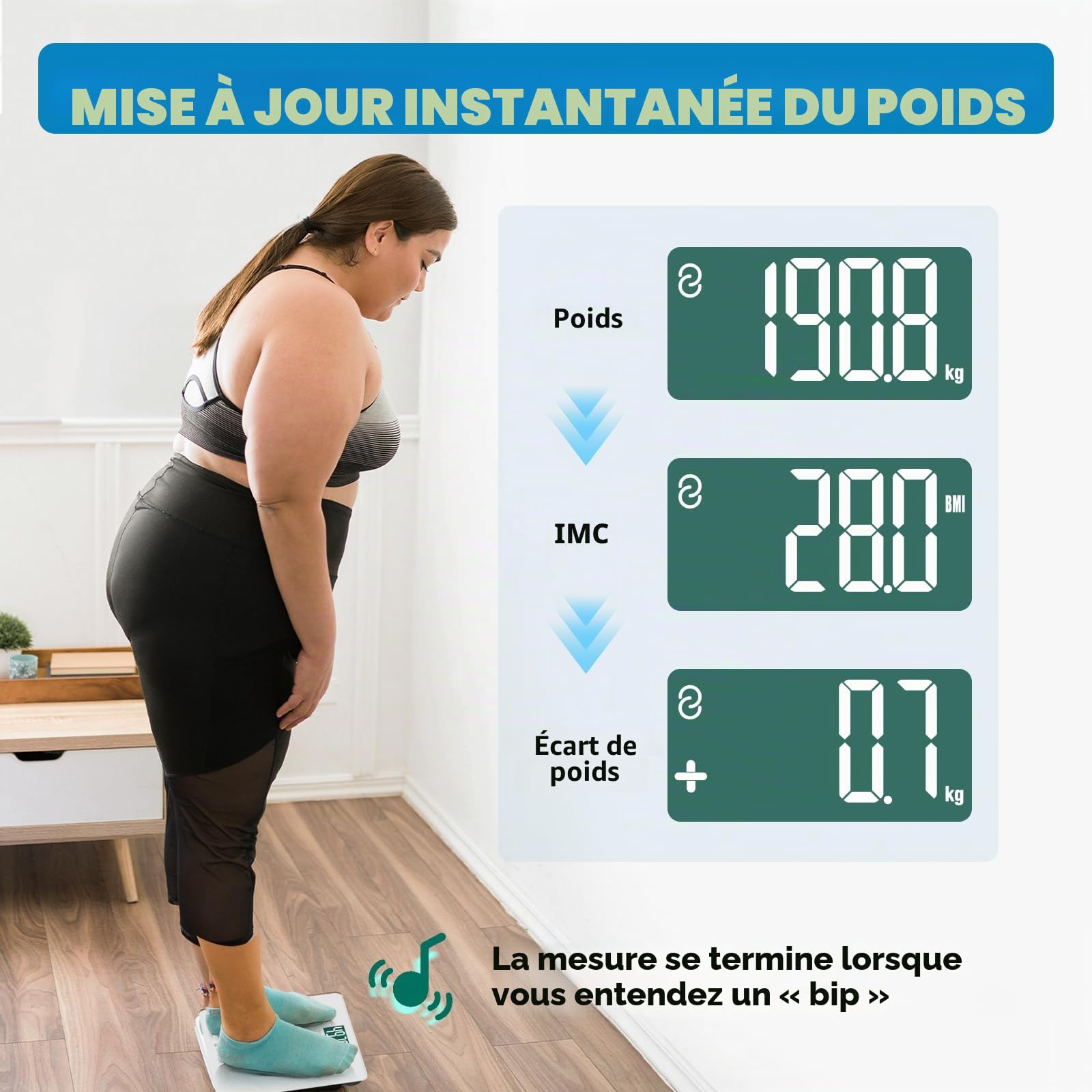 Lepulse S5 Pèse-personne numérique 250 kg avec poids et IMC, pèse-personne intelligent avec synchronisation de l'application via Bluetooth