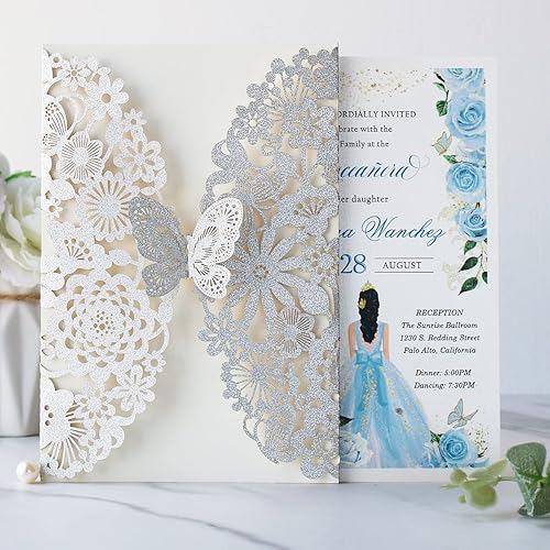 Miniatura 5 de Hosmsua 5 x 7.3 pulgadas, 50 tarjetas plateadas de invitación de quinceañera de mariposa cortada con láser, invitaciones de boda con sobres para