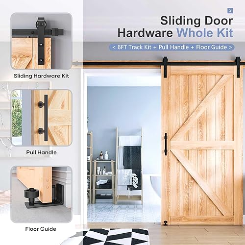 Miniatura 2 de EaseLife Kit de herrajes para manija y riel de puerta corrediza de granero de 8 pies, resistente, polea en J básica, se desliza suavemente