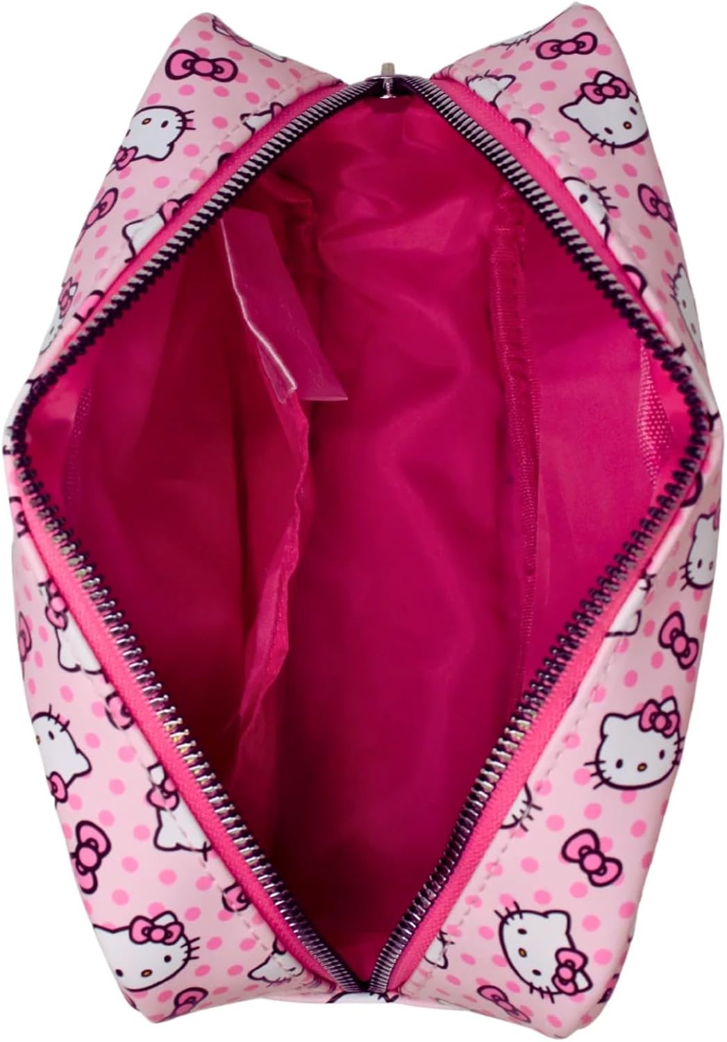 Impressions Vanity Hello Kitty Pink A Dot Cosmetic Pouch for purse With Silver Hardware, Polyester Lined Interior Travel Makeup Bag Organizer with Inner Slip Pocket and Hello Kitty Pink A Dot Artwork - Image 3