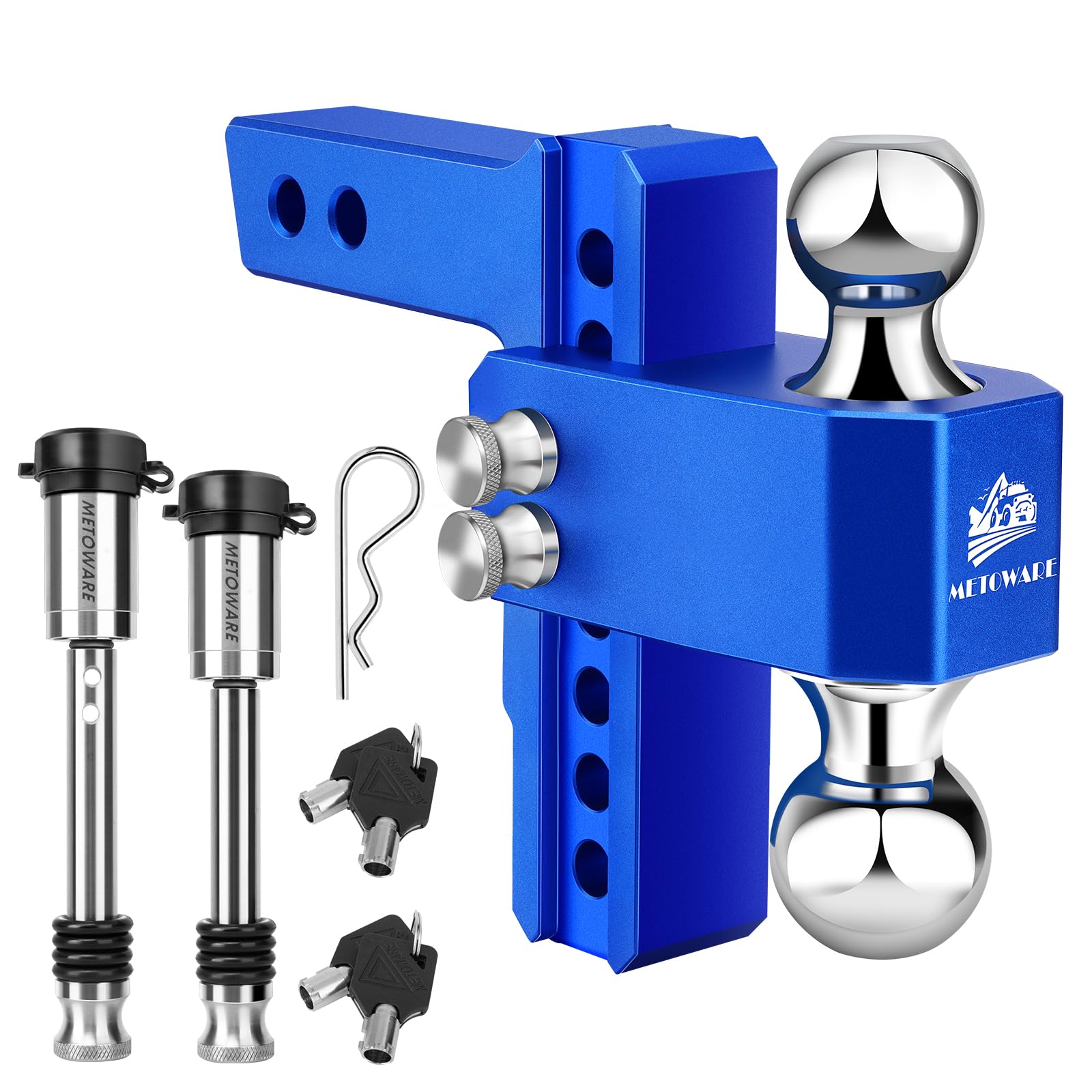 Photo 1 of METOWARE Adjustable Trailer Hitch - Aluminum Tow Hitch Fits 2-Inch Receiver - Heavy Duty Drop Hitch with 6-Inch Drop/Rise for Truck (14,000 LBS GTW), Double Stainless Steel Locks & Hitch Pin, Blue