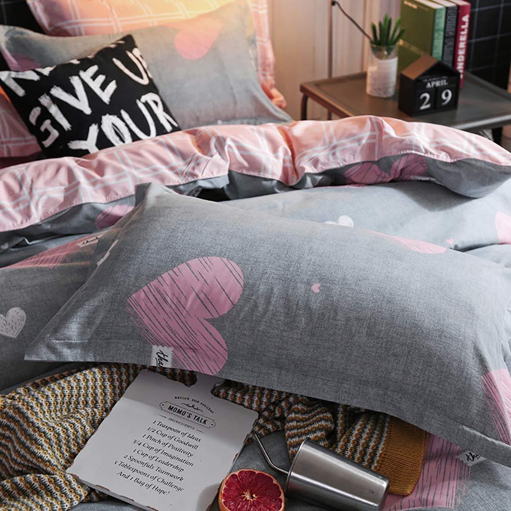 Bildenly Twin Duvet Cover Set - Grey & Pink Heart Pattern, Microfiber, With Zipper & 1 Pillowcase - View #3