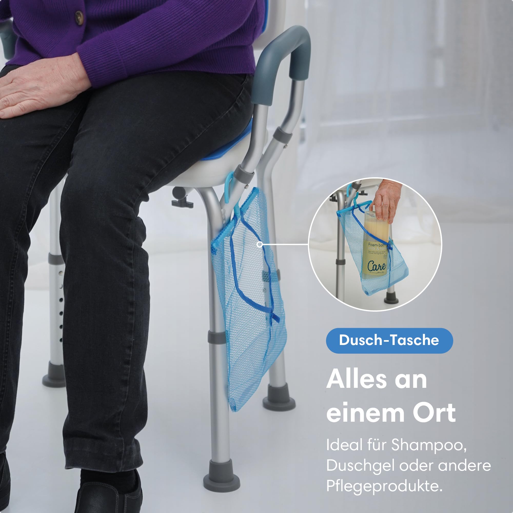 Safe Age® Duschstuhl mit Abnehmbarer Rückenlehne und Armlehne - rutschfest - höhenverstellbar - Duschstuhl für senioren