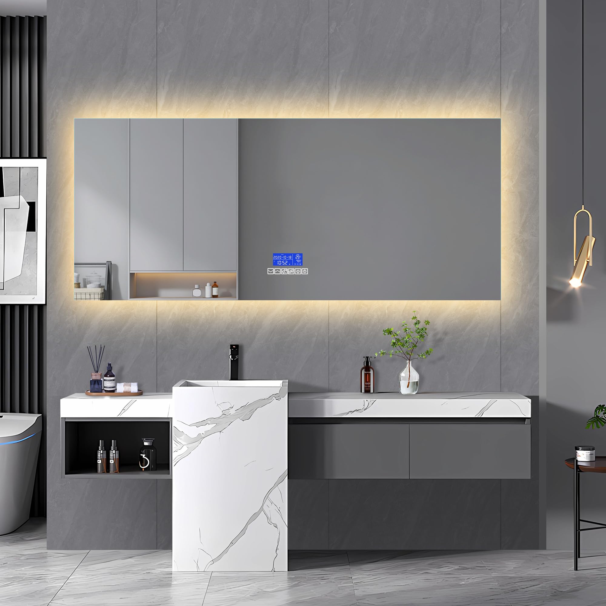 USROCAS Espejo de baño con iluminación e indicador de temperatura, 60 × 140 cm, espejo de baño con altavoz Bluetooth, interruptor táctil y cristal a prueba de explosiones