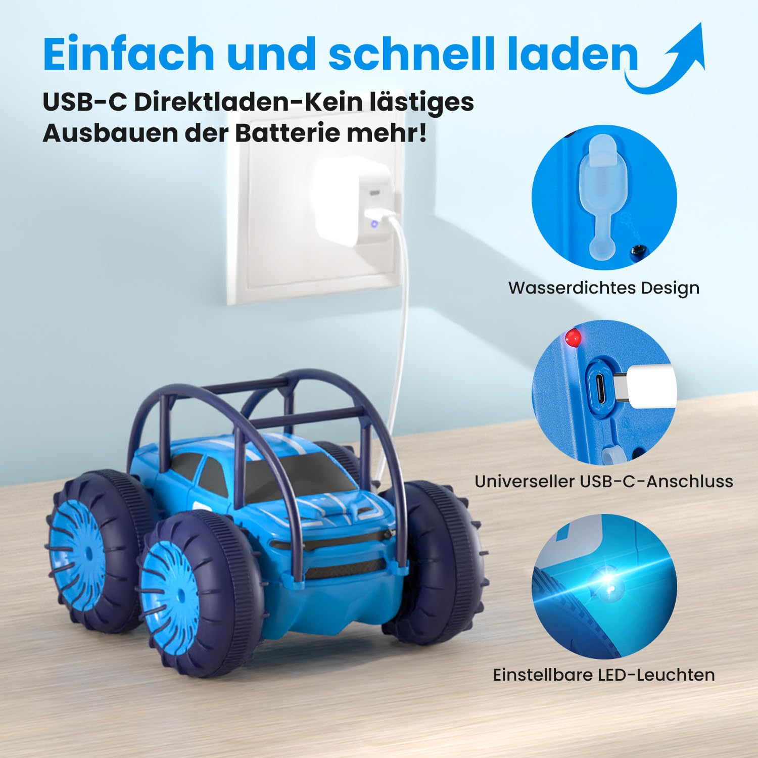 MaxTronic Macchina Telecomandata a Ricarica Diretta con Luci LED, Stunt Anfibio Impermeabile 360° Flip, 4WD Velocità 15 km/h, Auto Radiocomandata 2.4G Regalo per Bambini Bambine 3-12 Anni