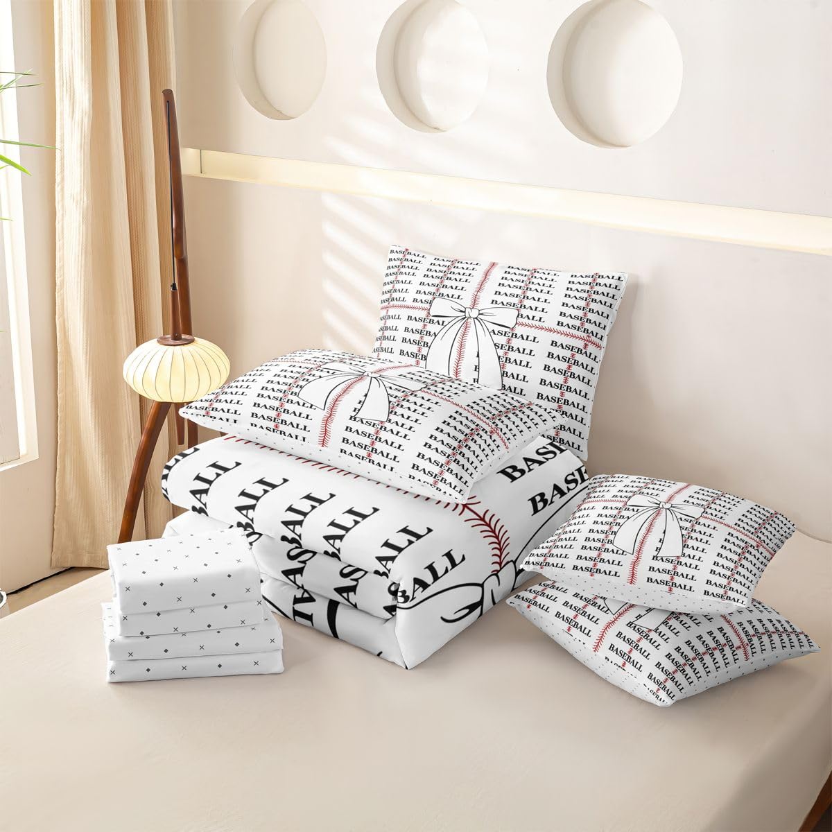 Loussiesd Juego de funda de edredón de béisbol tamaño Super King, 7 piezas, juego de ropa de cama con funda de edredón, sábanas, fundas de almohada, fundas de cojín para niños y niñas