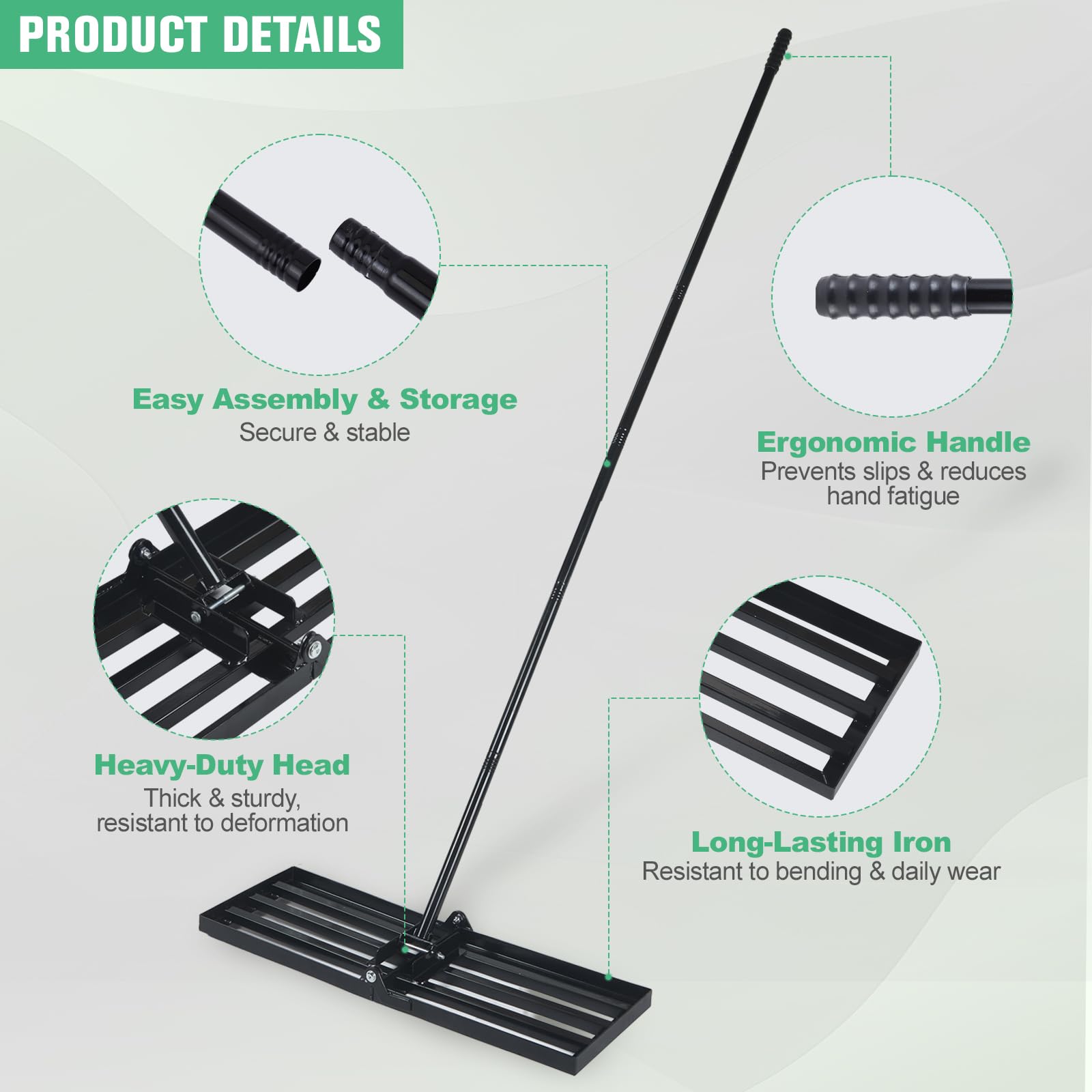 Rastrello 2 in 1 con manico regolabile (81 – 213 cm) e testa pieghevole – Attrezzo da giardino durevole in ferro per livellare terreno, sabbia e terriccio