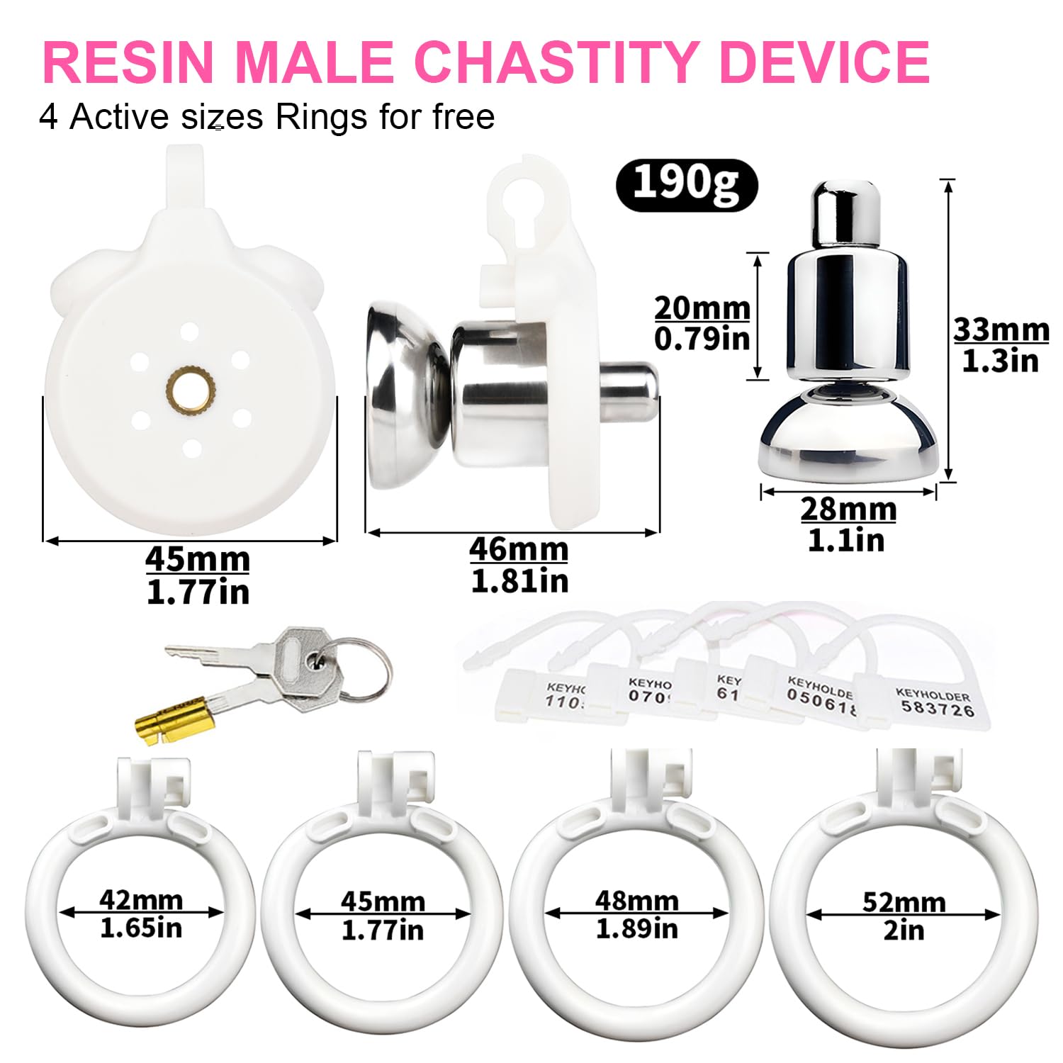 Flat Chastity Cage - Cock Cage, Male Chastity Devices with Urine Divertor, 2 Keys, and 4 Size Rings - Resin & Stainless Steel Pink Sissy BDSM Male Sex Toys (Pink, Original): original White