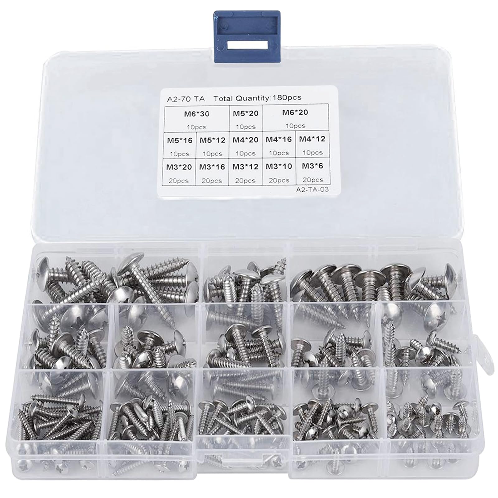 180Pcs M3 M4 M5 M6 Phillips Pan Head Self-Tapping Screws Kit, 304 Stainless Steel Cross Round Head Drilling Screw
