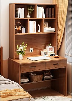 Modern Computer Desk with Hutch, Executive Desk With Drawers And Storage Shelf for Organization, Student Learning Writing Table Workstation for Bedroom, Small Space80x50x180cm31x22x71inch, Brown