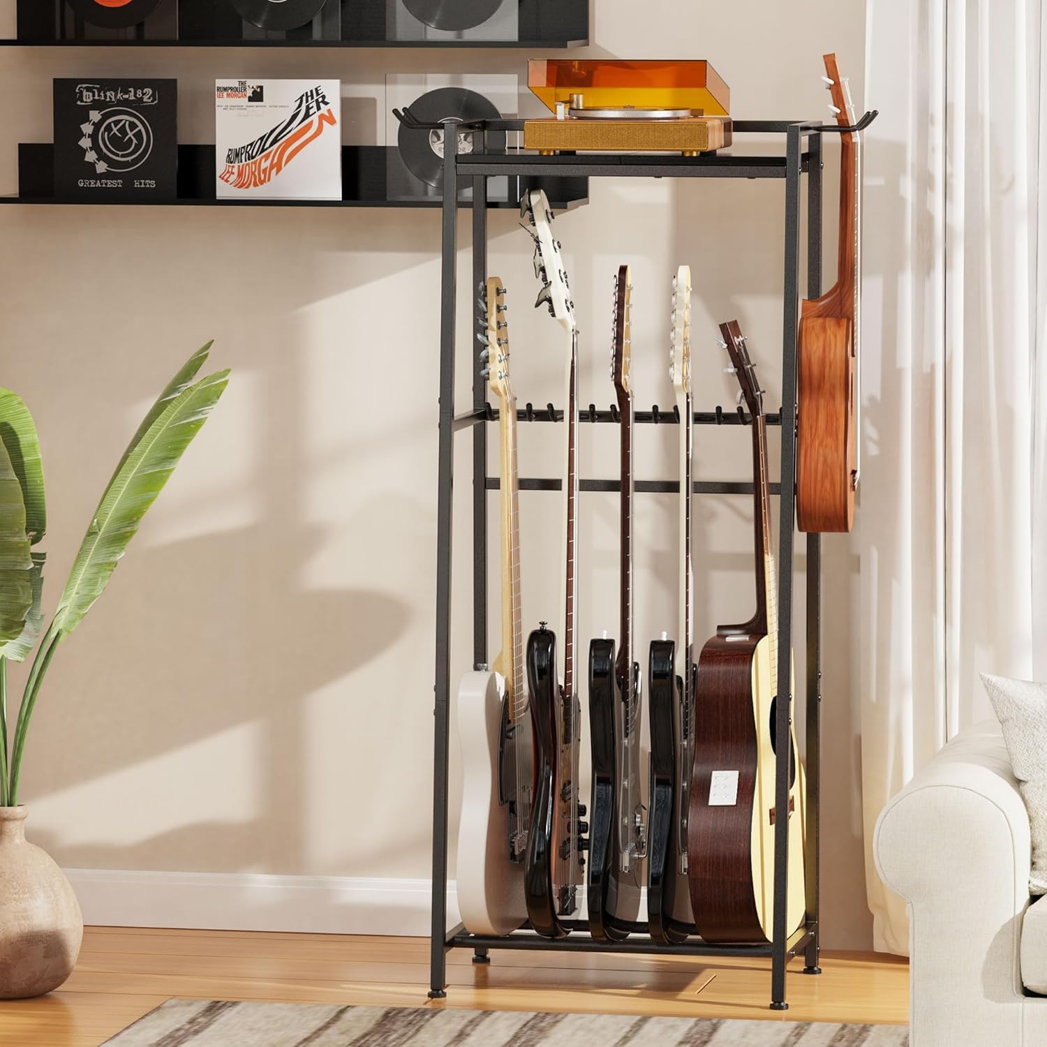 Supporto Chitarra a 2 Livelli per 5 - 7 Strumenti Chitarre Acustica Elettrica Bassi Ukulele Banjo con Ripiano ,multi Rack con imbottitura morbida per più Chitarre e Accessori Musicali