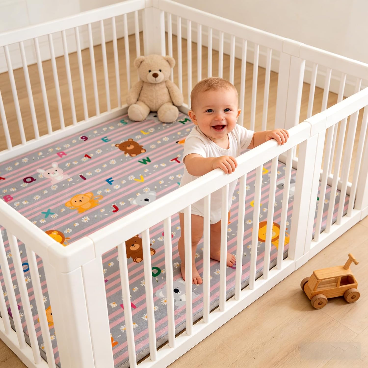 Baby Play Mat for Floor, 71'' x 59'' Thicken Foam Padded Playmat for Tummy Time, Playpen Mat for Toddlers Infant Kids, Water-Repellent Coral Velvet, Non-Slip Bottom Safe for Crawling (Lion)