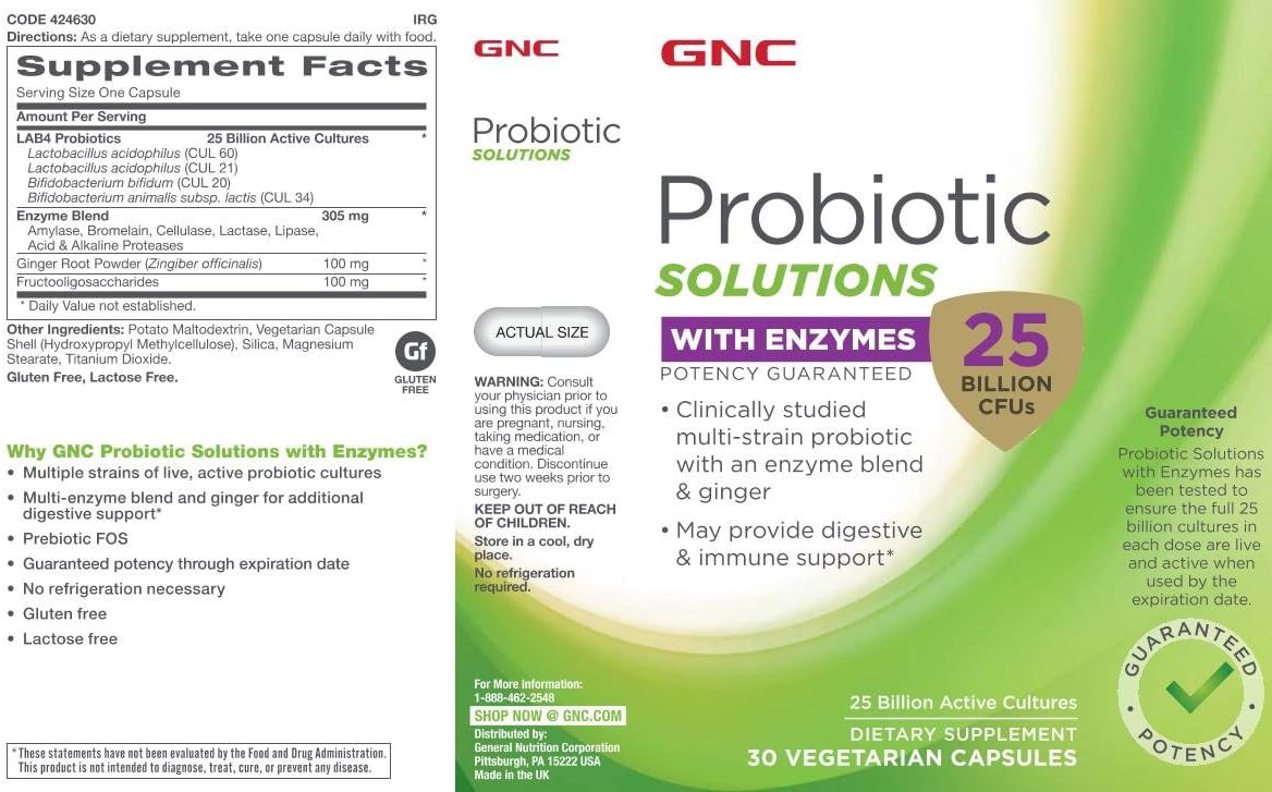 GNC Probiotic Solutions with Enzymes with 25 Billion CFUs, Twin Pack, 30 Capsules per Bottle, Daily Probiotic Support