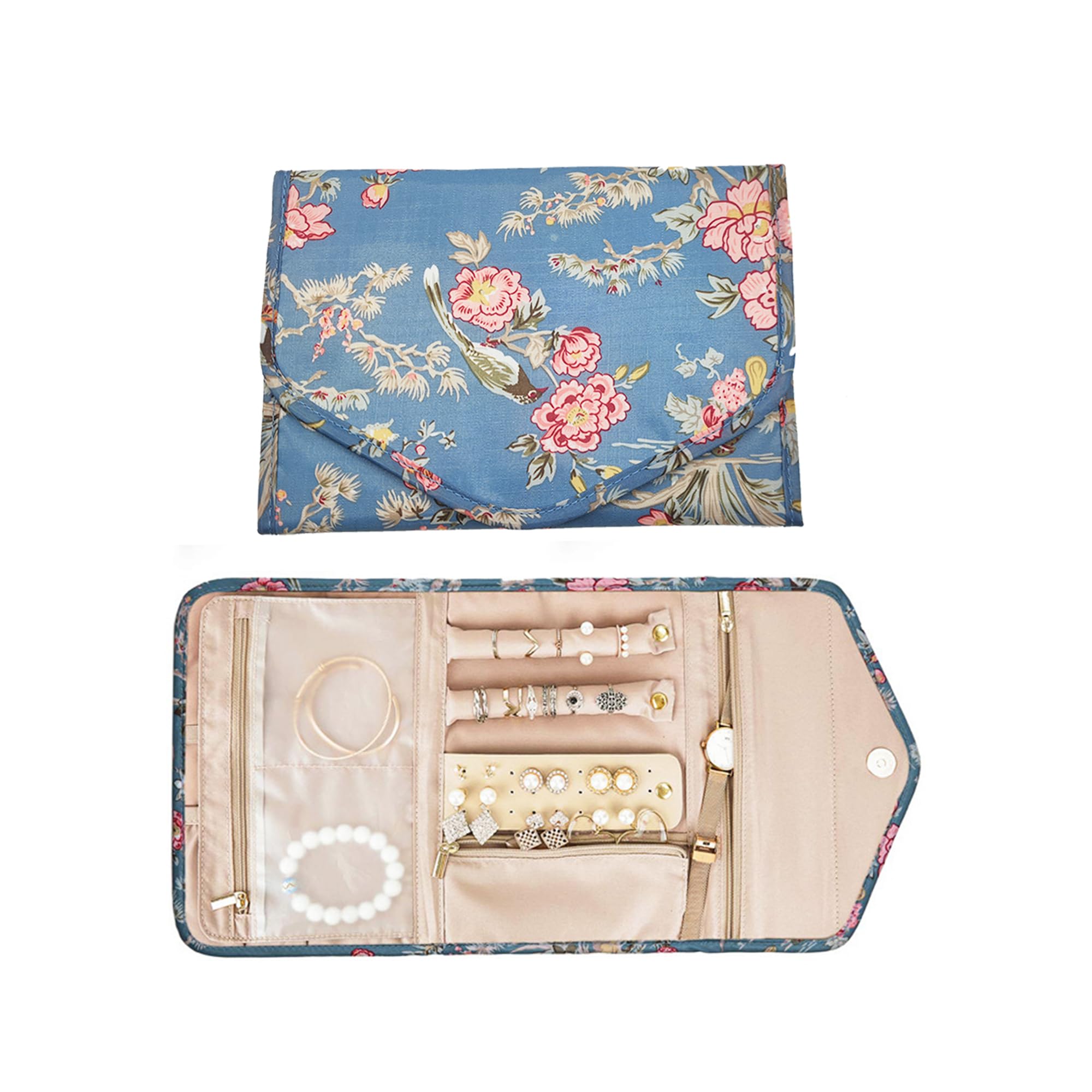 Rollo de Joyería Plegable Portáti Estuche de viaje para joyas Roll Bag Rollo de Almacenamiento de Joyería Ligeros y Portátiles para almacenamiento Joyas de Viaje Collares Pulseras (Floral, L)