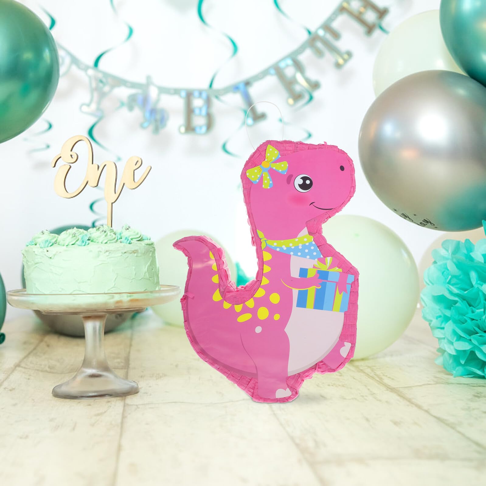 Rosa Dinosaurier Piñata aus Papier für Kindergeburtstag