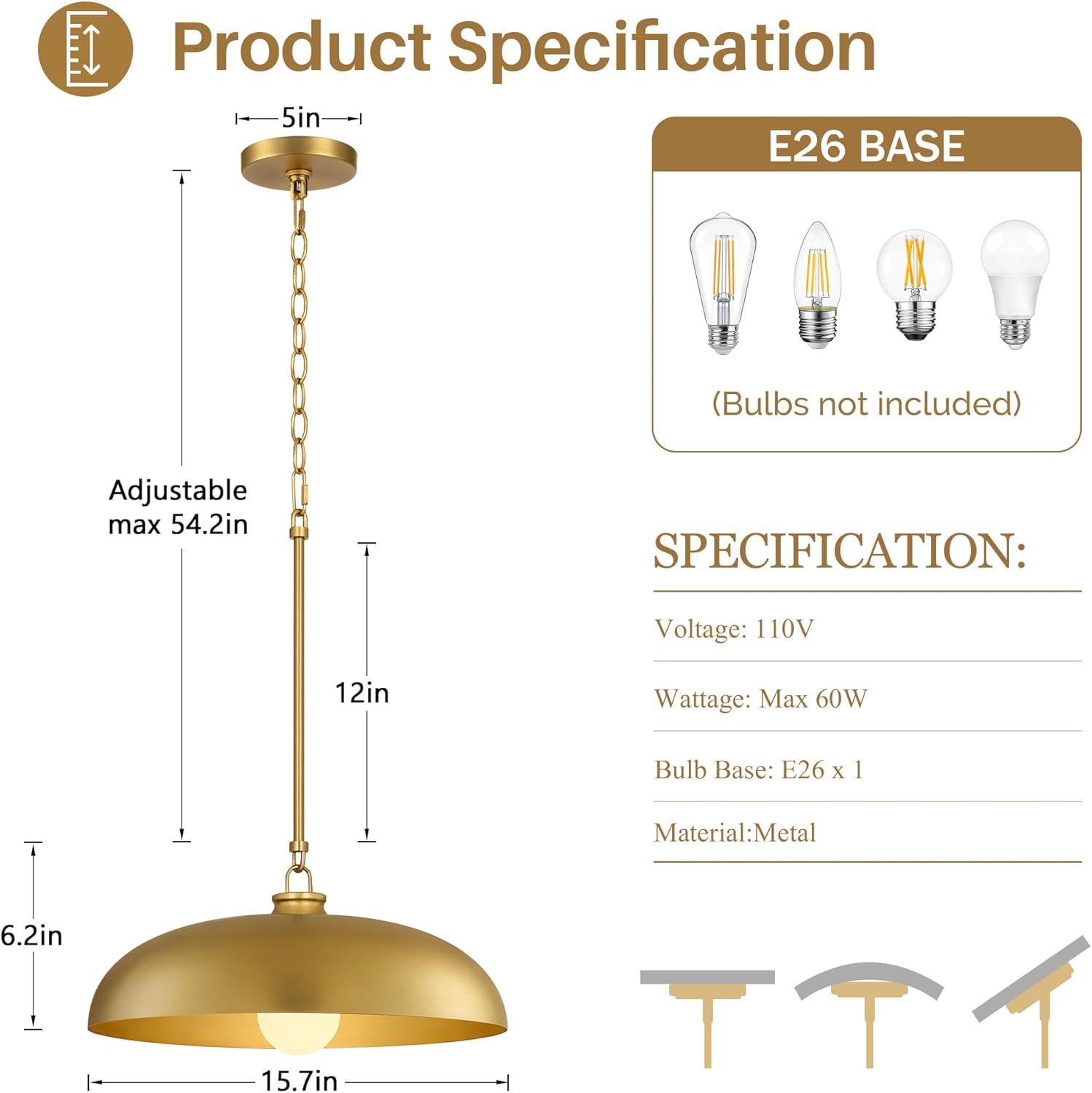 15.7 Inch Modern Pendant Lights Kitchen Island, 1-Light Brushed Gold Dome Pendant Ceiling Light All Metal, Contemporary Single Hanging Lighting Fixtures for Dining Room Over Table Sink Hall