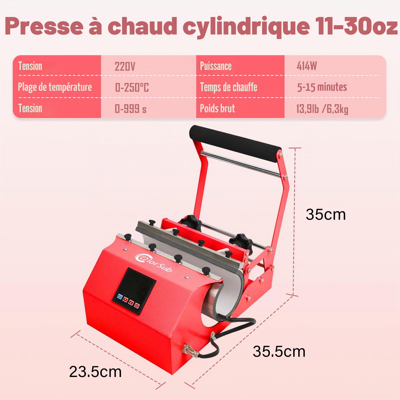 ColorSub Presse à Chaud Machine, Presse à Tumbler Professionnelle 11-30oz de Sublimation Machine d'Impression, Presse à Chaleur Transfert Thermique pour Mugs Tasses Gobelets（Rouge）