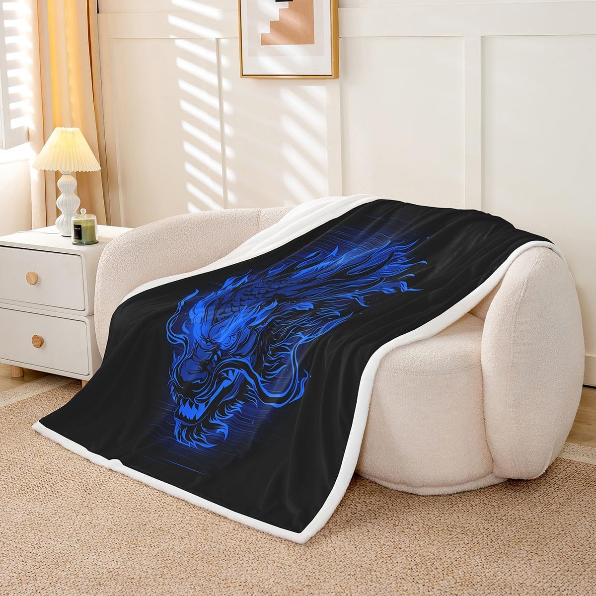 Feelyou Dragon Fleece Throw Blanket Black and Blue Sherpa Blanket for Kids Women Men Plush Fuzzy Magical Dragon Throw 50"x60" Wildlife for Bed Couch Chair Living Room Bedroom Decor