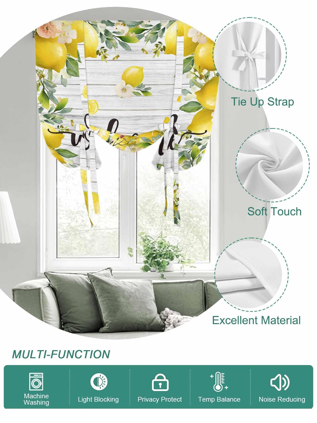 Tie Up Curtains for Windows Lemon Farmhouse Roman Shade 46 x 63 Inch Bathroom Curtains Window Summer Fruit Botanical Grey Wooden Rod Pocket Short Balloon Curtains for Living Room Kitchen Small Blinds