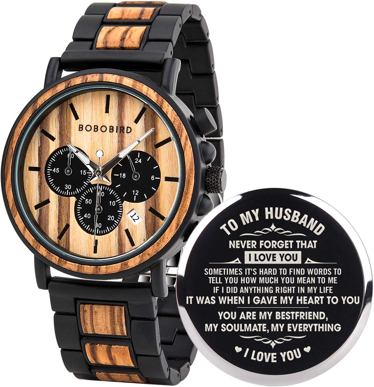 Mens Personalized Engraved Wooden Watches, Stylish Wood & Stainless Steel Combined Quartz Casual Wristwatches for Men Family Friends Customized Watch