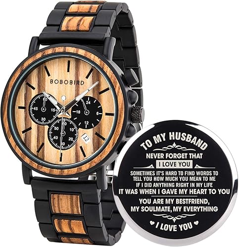 BOBO BIRD - Relojes de madera grabados personalizados para hombre elegantes relojes de pulsera de cuarzo que combinan madera y acero inoxidable