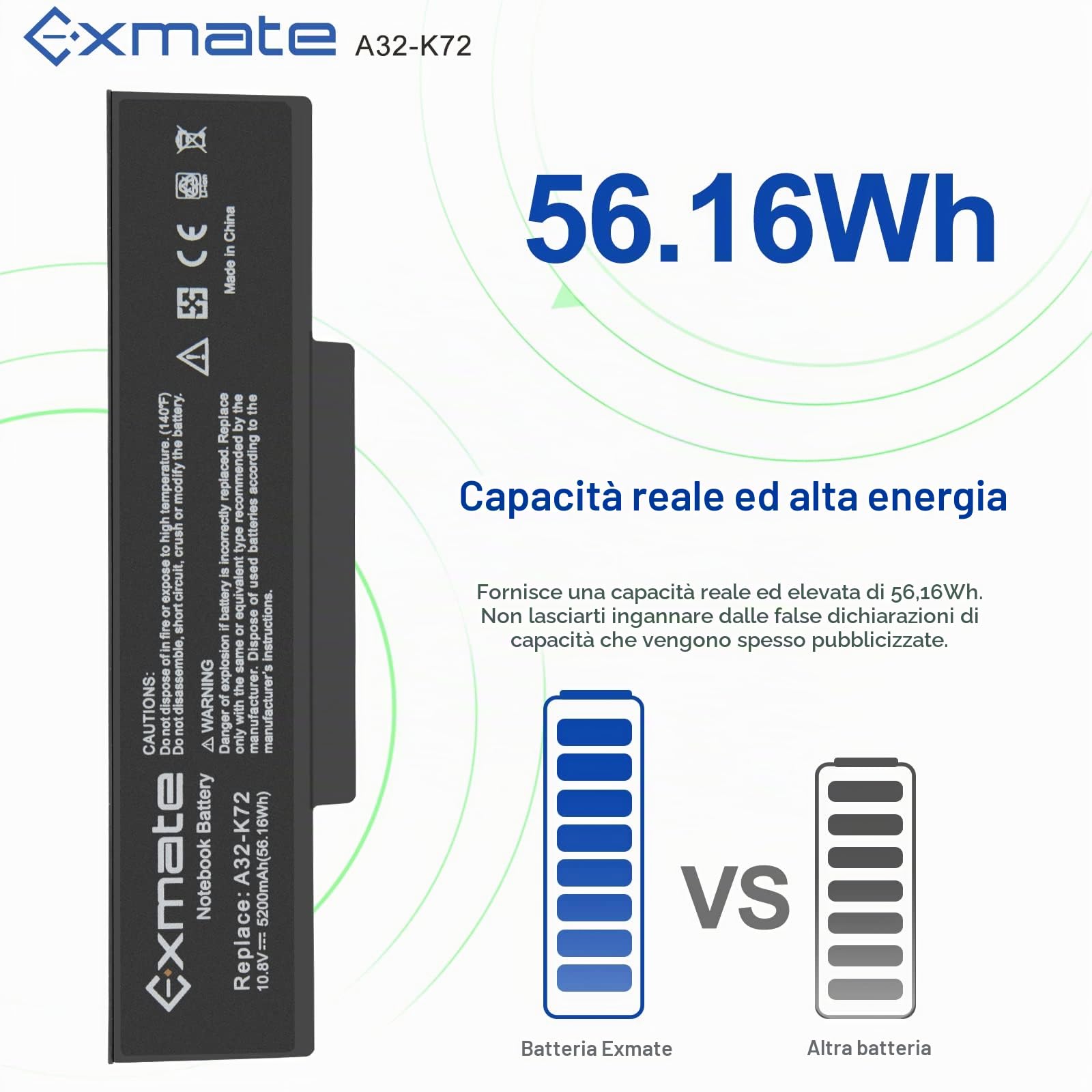 Exmate 5200mAh Batteria A32-K72 A32-N71 per Asus K72 K72F K72J K73S K73SV N71 N71J N73S N73SV X73S X77 A72 K72D K72DR K72DY K72JK K72JR K72JV N71JV N71V N73 N73J X73E X73 X73BY X73SD X73SV X73T