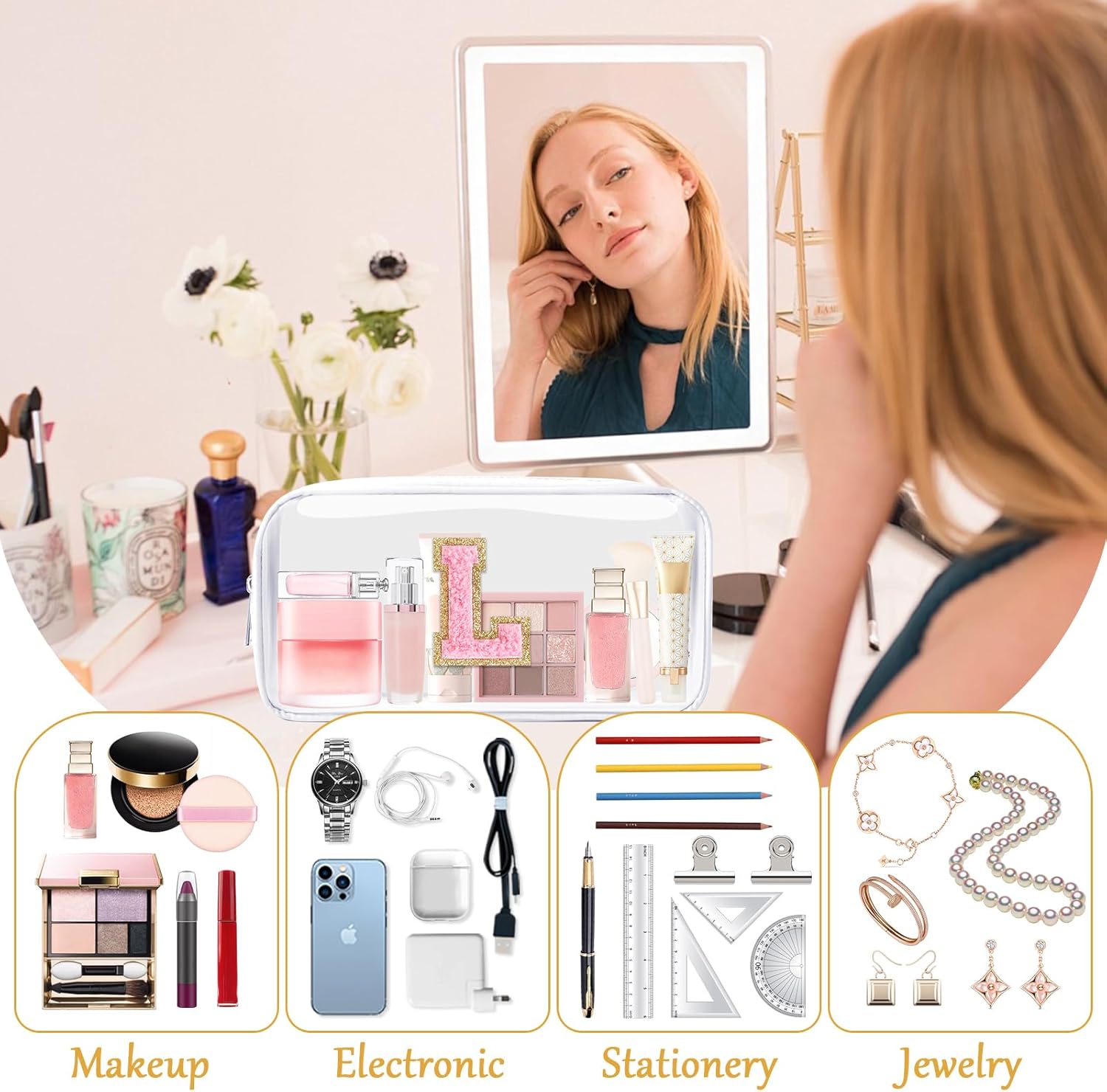 Personalized Initial Letter Clear Makeup Bag,Preppy Small Nylon&PVC Cosmetic Zipper Bag with Chenille Letter,Travel Skincare Toiletry Bag,Monogram Christmas Gift for Teen Girls Women,L - Image 8