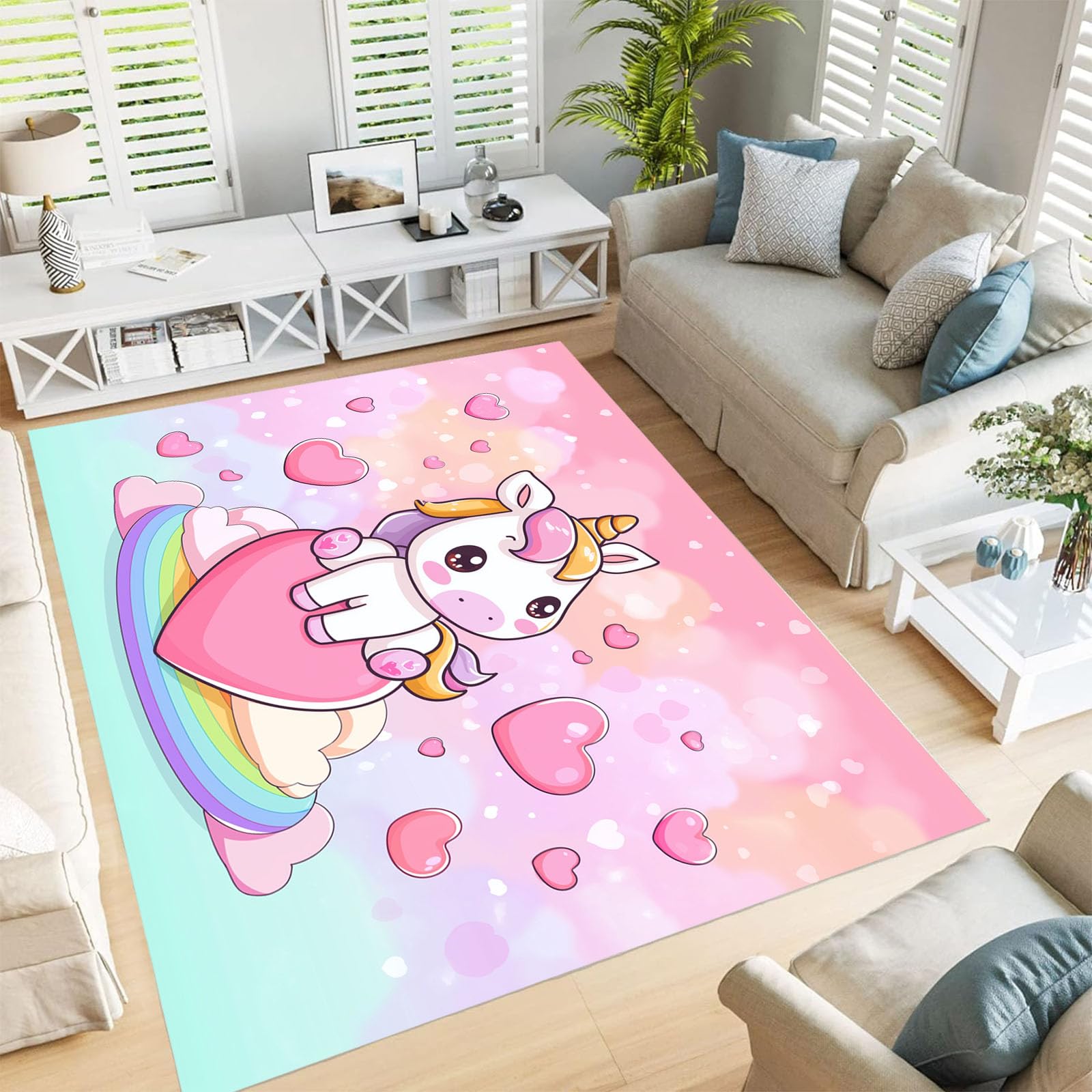 Tapis lavable licorne antidérapant et résistant aux taches pour salon et chambre