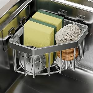 Wall Mounted Sink Caddy Organizer Carbon Steel Kitchen Sponge Holder with 2 Adhesive Hooks Triangular Drain Rack 5