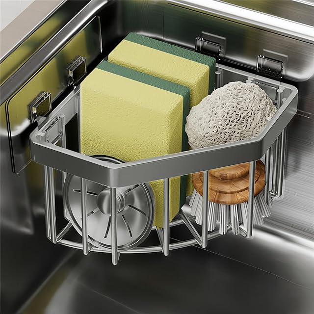 Wall Mounted Sink Caddy Organizer Carbon Steel Kitchen Sponge Holder with 2 Adhesive Hooks Triangular Drain Rack 5