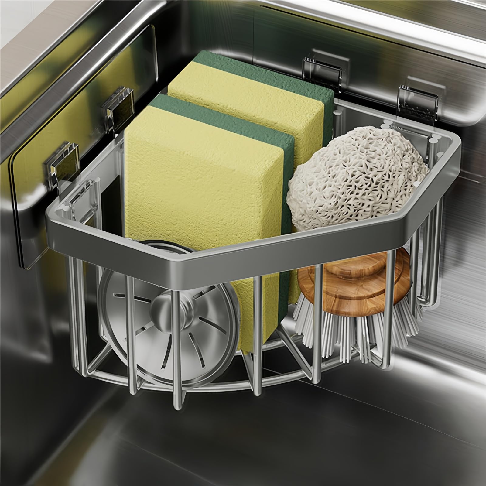 Wall Mounted Sink Caddy Organizer Carbon Steel Kitchen Sponge Holder with 2 Adhesive Hooks Triangular Drain Rack 5