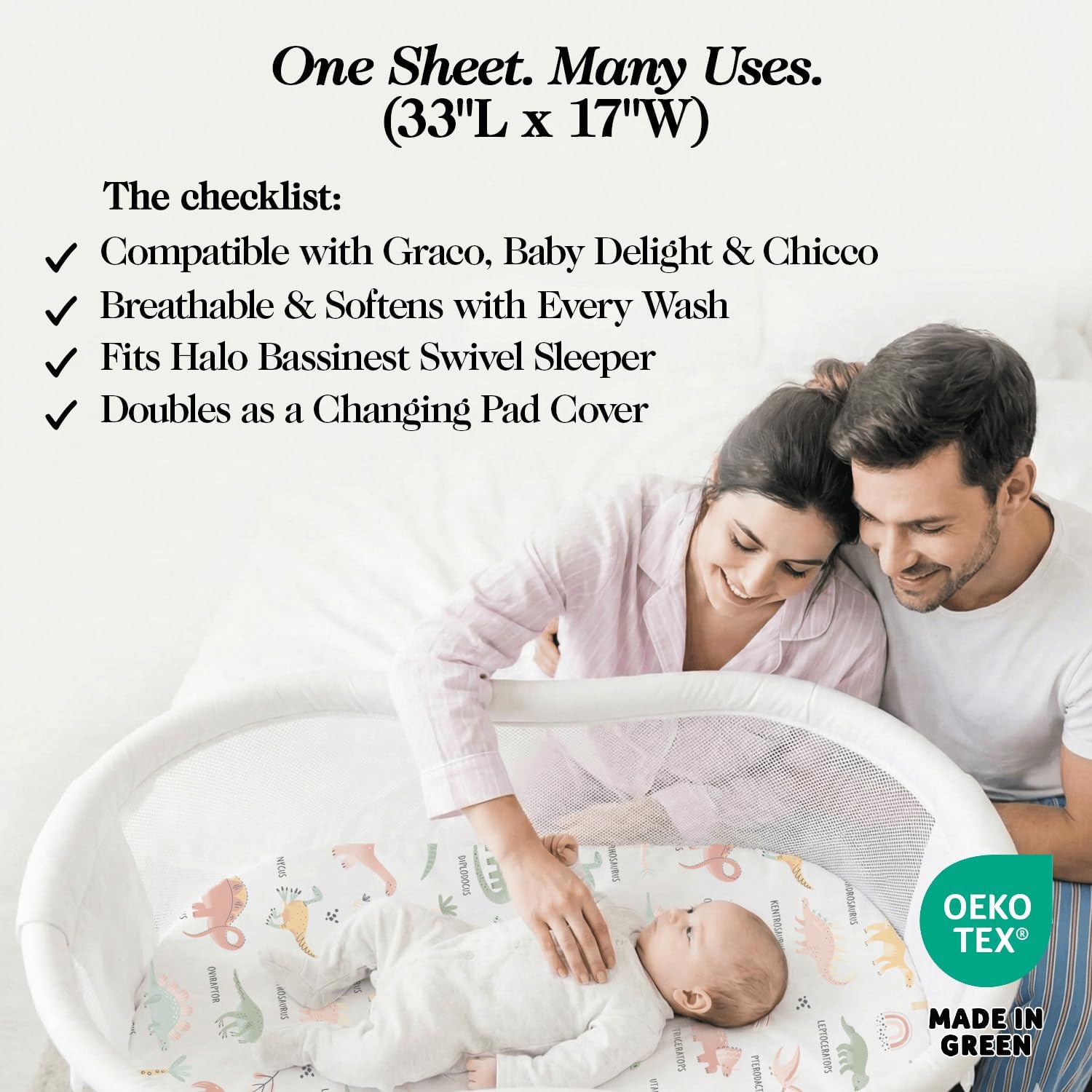 100% Organic Cotton Bassinet Sheets 3 Pack - (33 x 20 Inches) Baby Delight - GOTS Certified, Soft Breathable Percale Weave, Universal Fits Standard Oval & Rectangular Mattress - for Boys & Girls