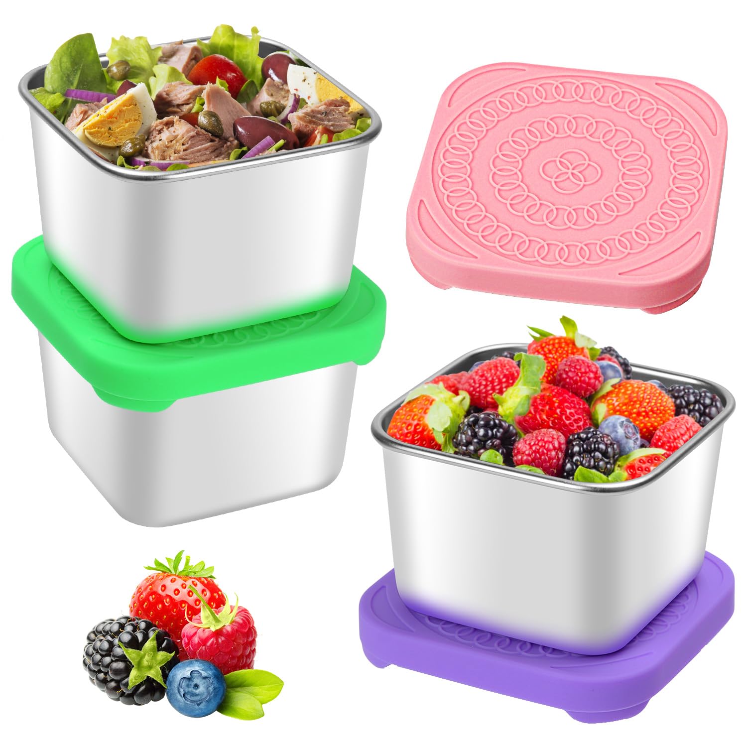 Winceed 3pcs 6oz Stainless Steel Snack Containers, Small Metal Snack Container with Silicone Lids, Leakproof Square 304 Steel Snack Lunch Box for Office, Travel