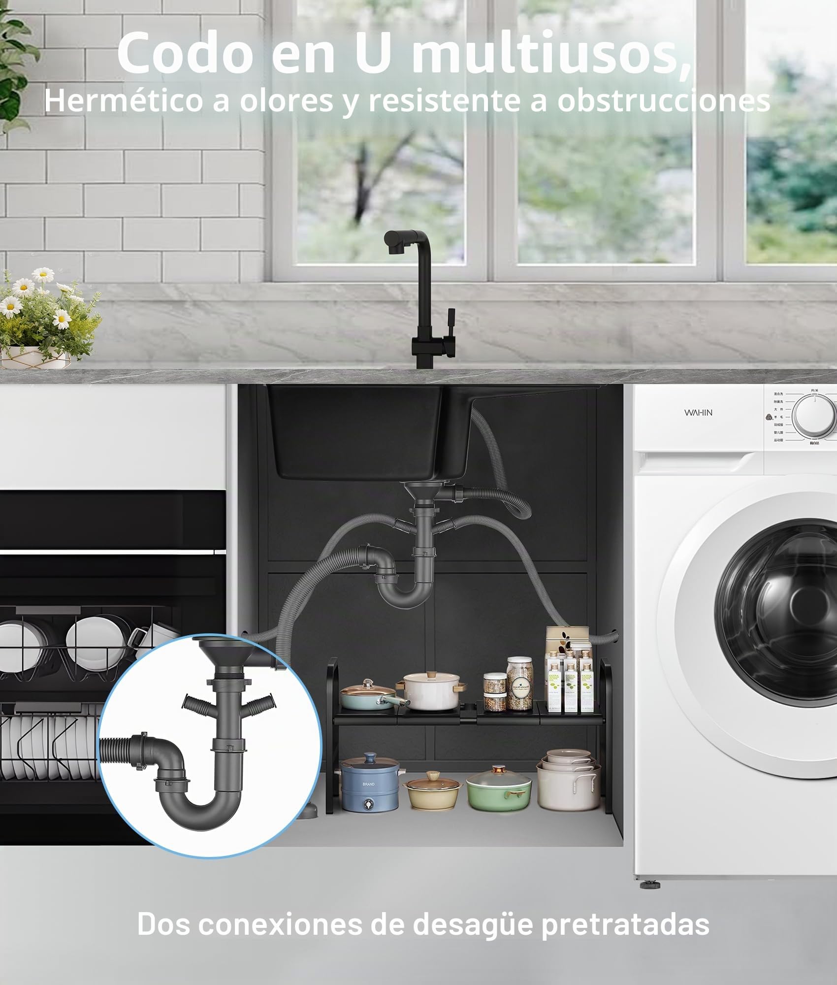 Fregadero Cocina Negro de Granito,Fregadero Cocina 1 Seno con Escurridor 65x43cm,Cesta de Escurrido + Fregadero Interior Adicional + Accesorios de Desagüe,Apto para Muebles Bajos desde 40cm de Ancho