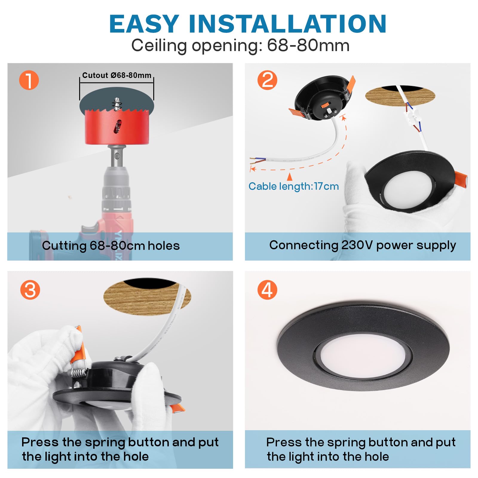 YindaLux Faretti Led da Incasso per Cartongesso Dimmerabili, Bianco Caldo 3000K Bianco Naturale 4000K Bianco Freddo 6000K 5W Nero, IP44, 45° Orientabili, Diametro Foro Ø68-80mm, AC 220-240V, Set di 6