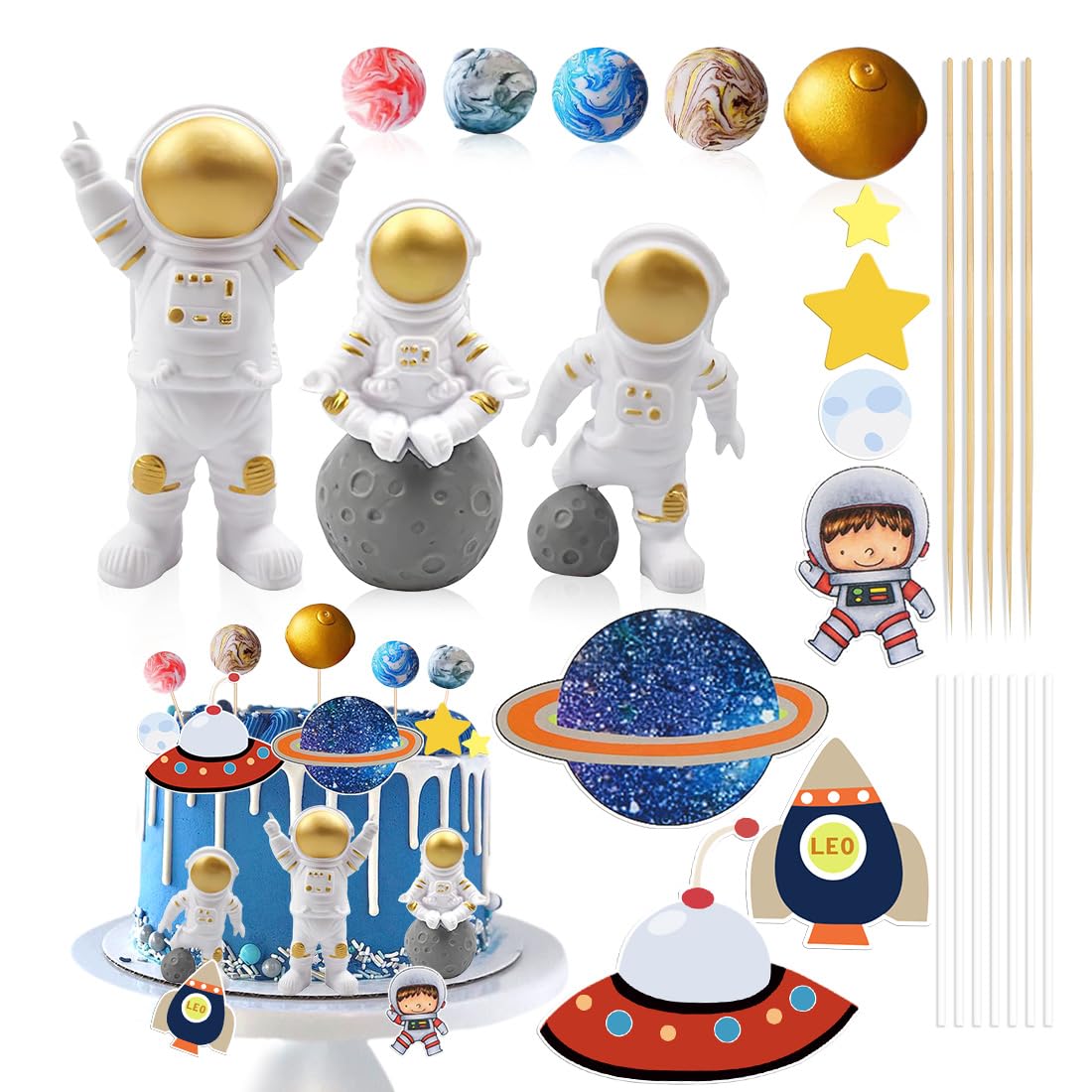 Astronauten Tortendeko-Set - 10 Teile, Blau, Mit Planeten & Raketen, Für Kindergeburtstag Weltraum-Party