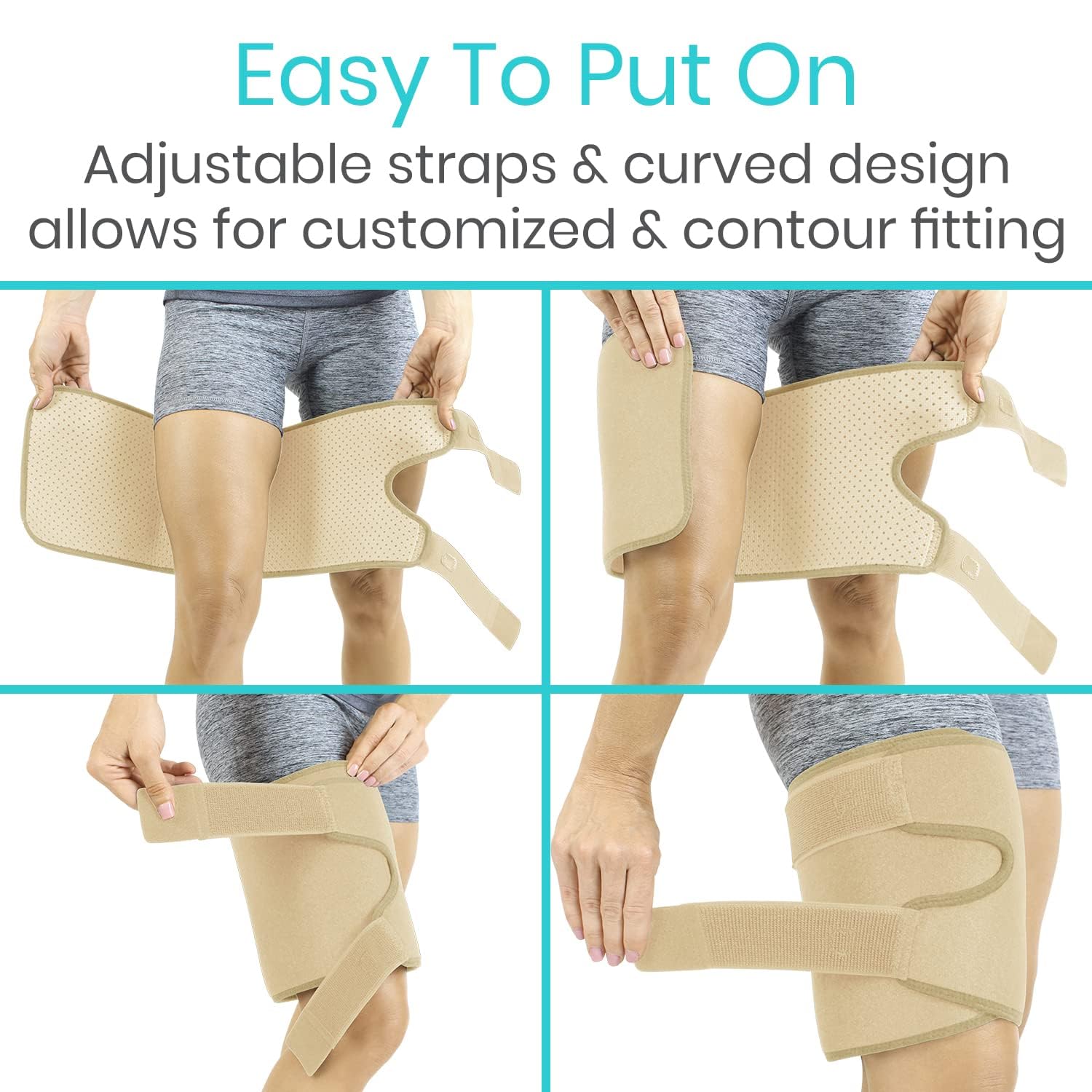 Vive Thigh Brace - Hamstring Quad Wrap - Adjustable Compression Sleeve Support for Pulled Groin Muscle, Sprains, Quadricep, Tendinitis, Workouts, Sciatica Pain and Sports Recovery - Men, Women (Beige)