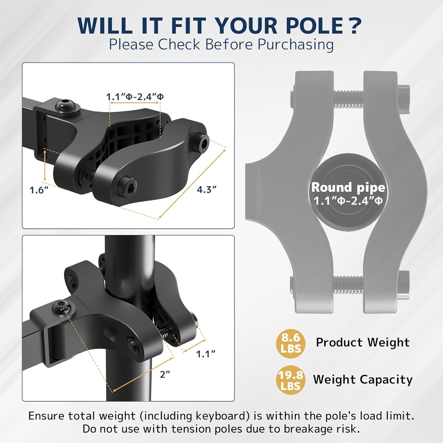 Pole Mount Keyboard Tray - Universal 26 Inch Platform for Keyboard and Mouse, Fits 1.1”–2.4” Poles, Rotation & Tilt Ergonomic Steel Mount Platform with Cable Management, Black