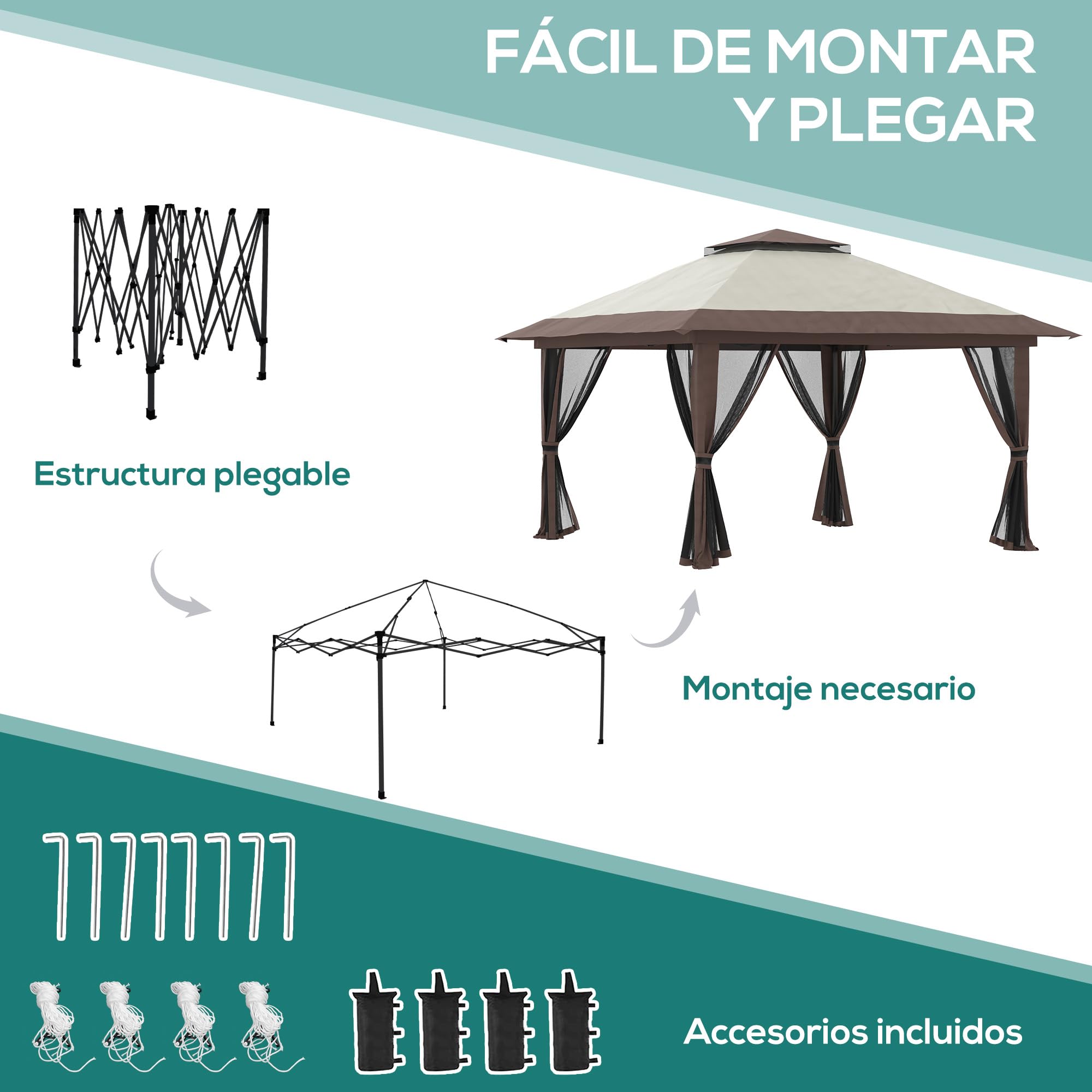 Outsunny Carpa Plegable Pop-up 4x4x2,8 m Cenador de Jardín con Paredes Altura Ajustable Anti-UV Impermeable Doble Techo Mosquiteras y Bolsa de Ruedas Gazebo para Exterior Fiestas Camping Beige